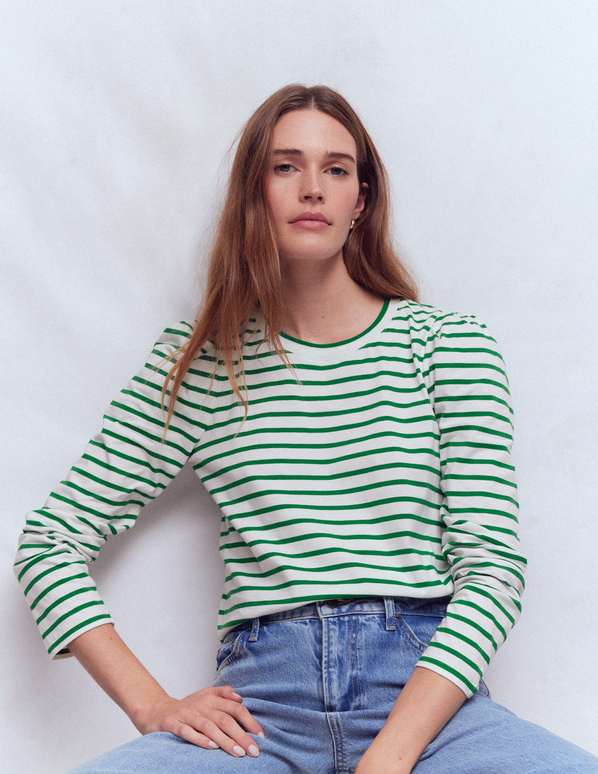Pleat Sleeve Stripe Top-Jewel Green and Ivory Stripe - Image 4
