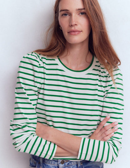 Pleat Sleeve Stripe Top-Jewel Green and Ivory Stripe-5
