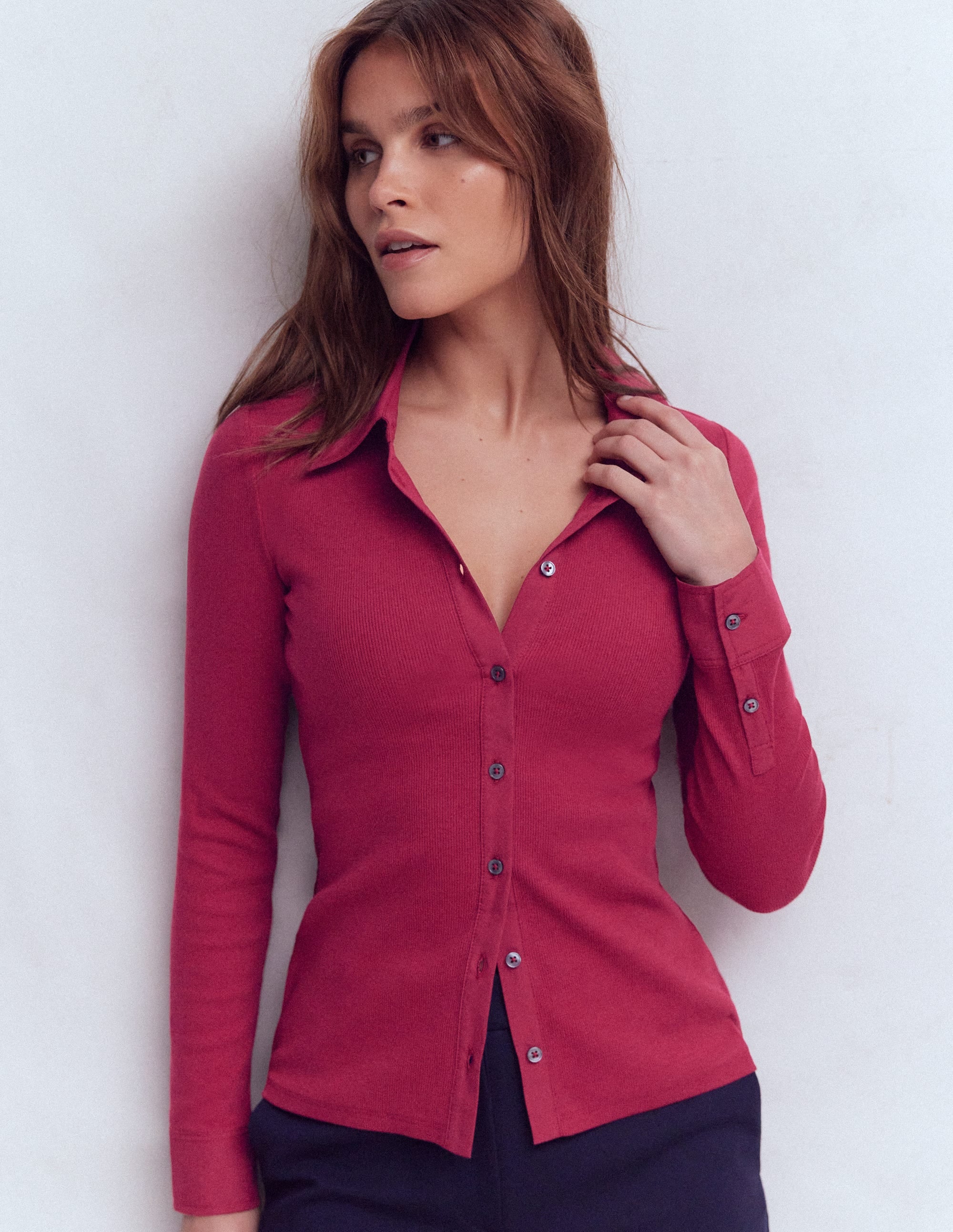 Collared Button Through Top-Ruby Red - Image 4