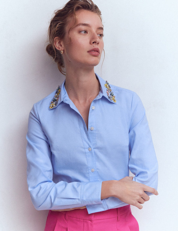 Sienna Trim Detail Shirt-blue Oxford, Jewel Collar