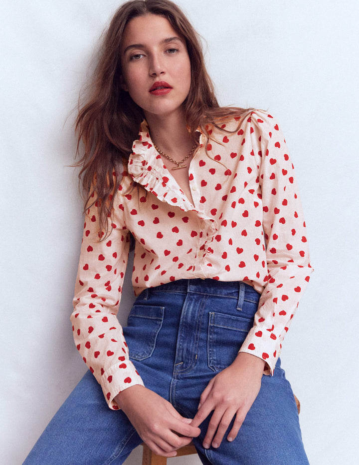 Isabel Ruffle Cotton Shirt-Ivory, Heart Confetti