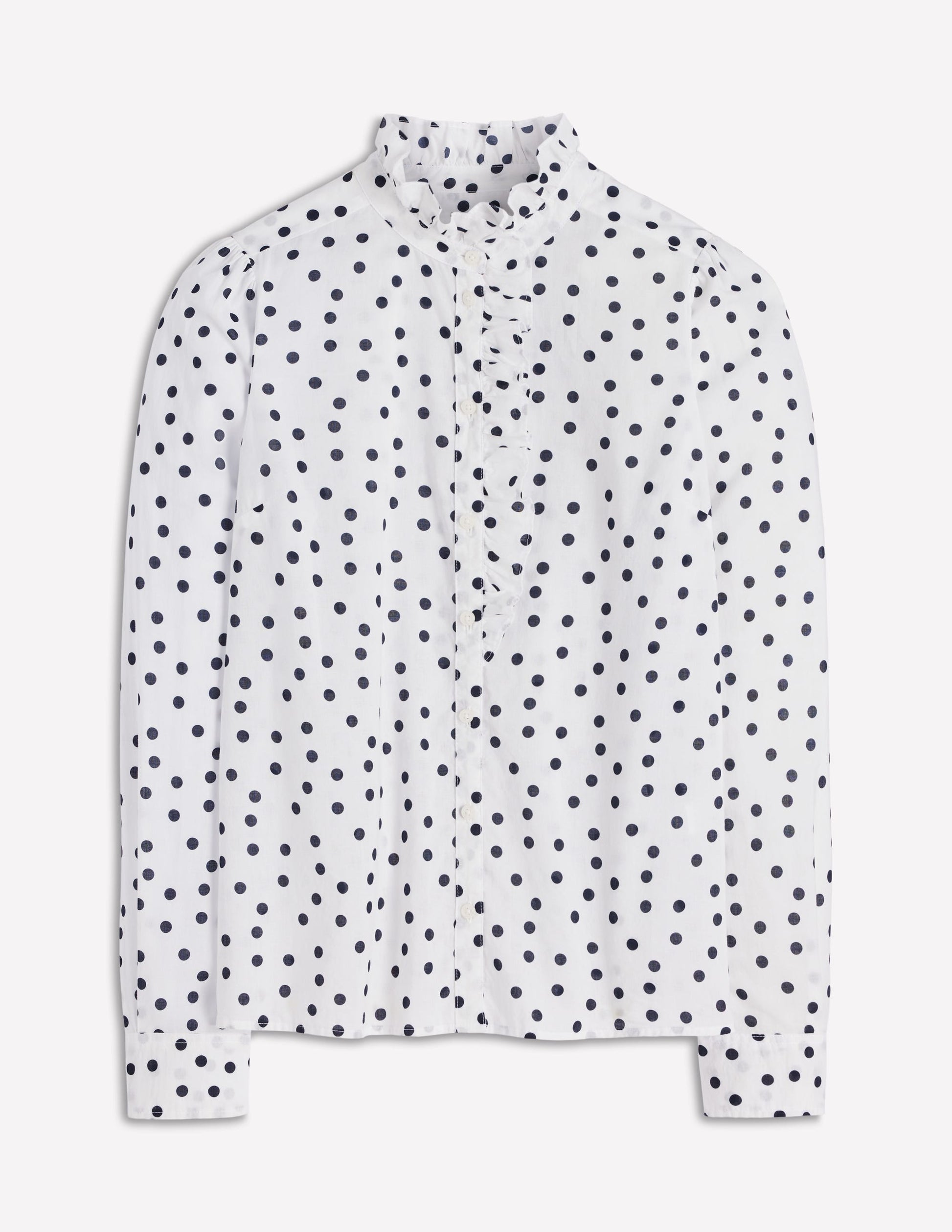 Isabel Ruffle Cotton Shirt-Navy and Ivory, Painted Dot-5