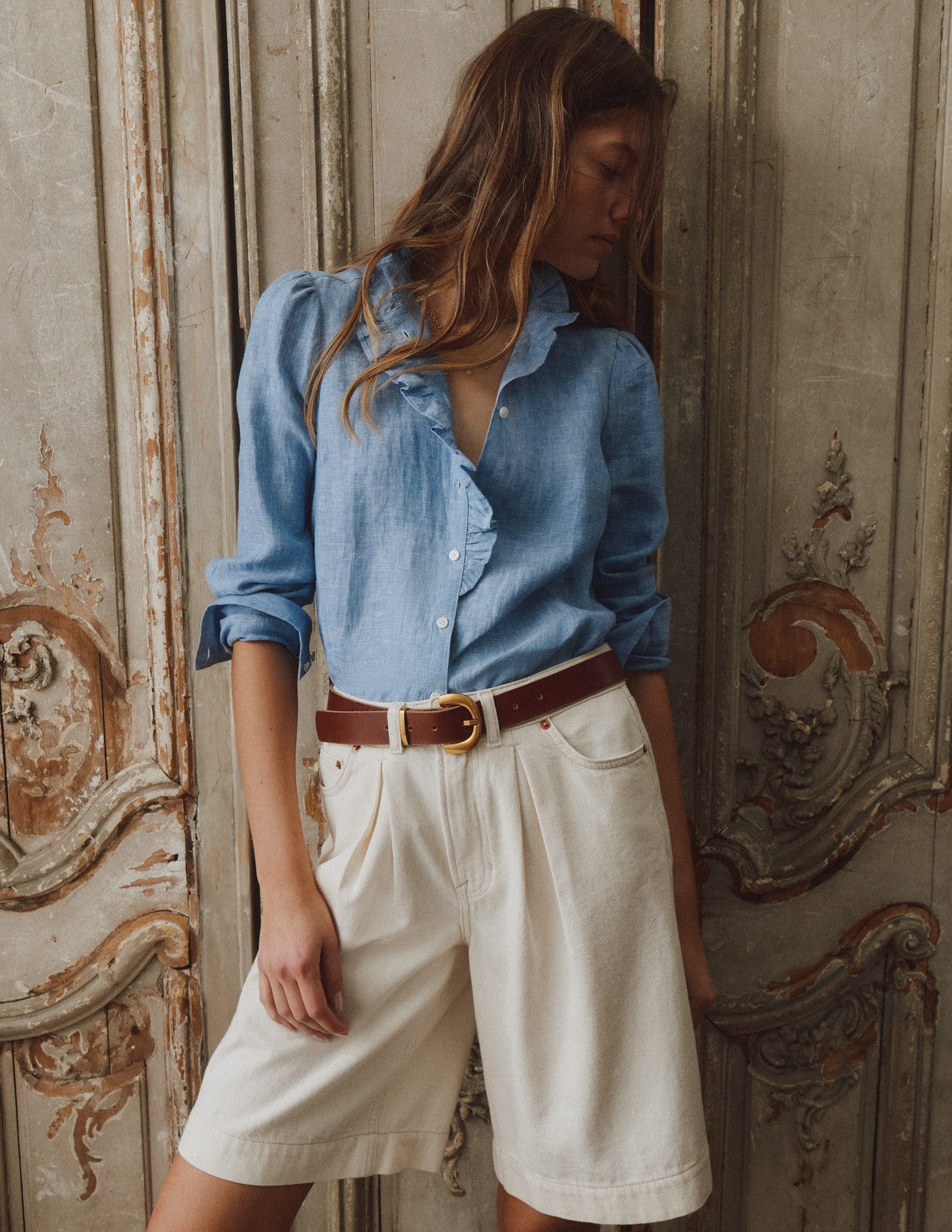 Isabel Ruffle Linen Shirt-Chambray