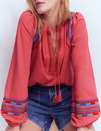 Notch Neck Embroidered Top-Holly Berry-2