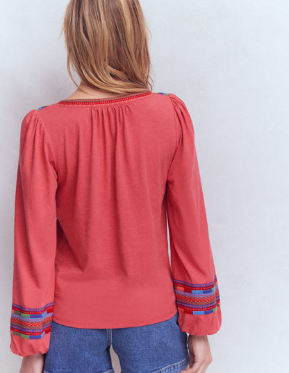 Notch Neck Embroidered Top-Holly Berry-3