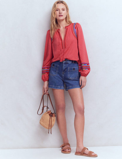 Notch Neck Embroidered Top-Holly Berry-4