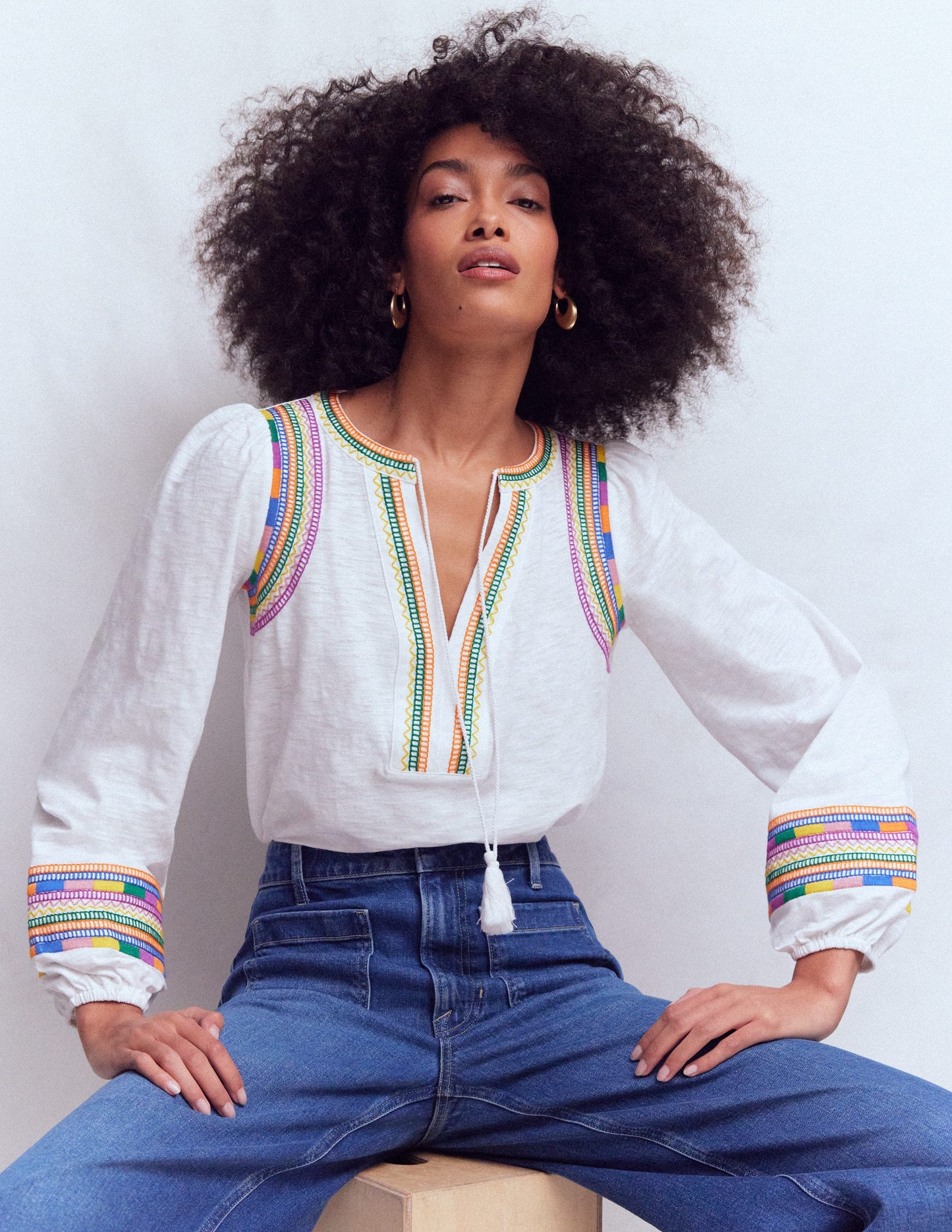 Notch Neck Embroidered Top-White Multi Embroidery