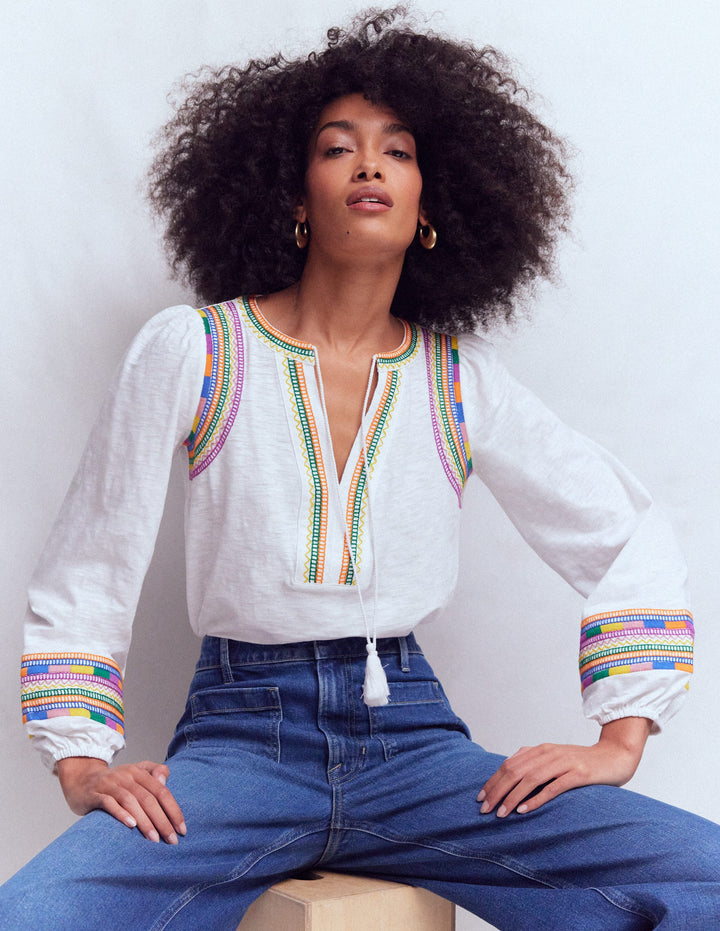 Notch Neck Embroidered Top-White Multi Embroidery