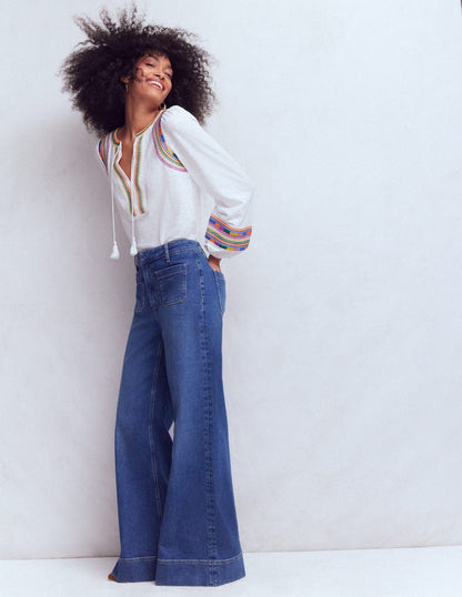 Notch Neck Embroidered Top-White Multi Embroidery-4