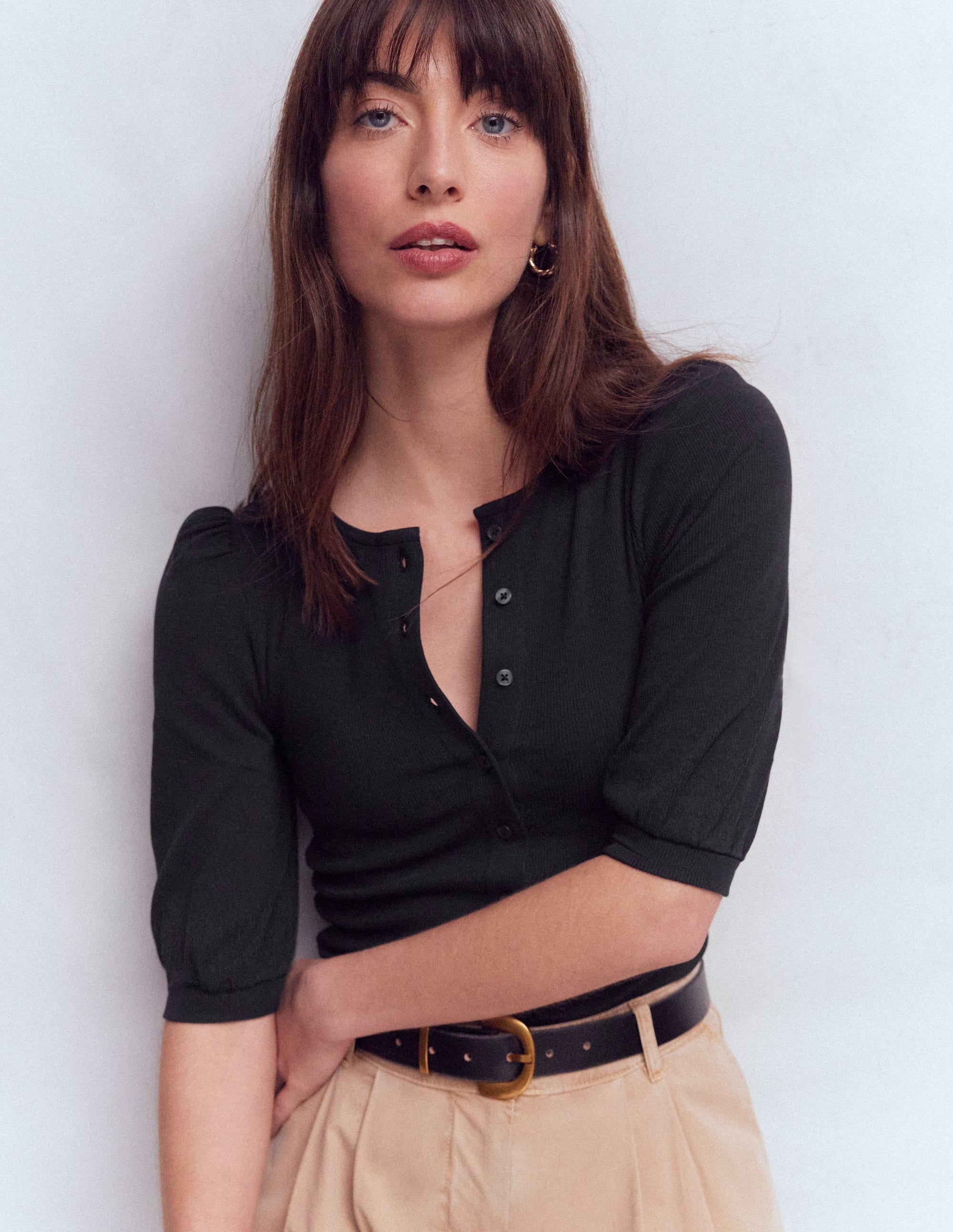 Evie Ribbed Puff Sleeve Top-Black - Image 1