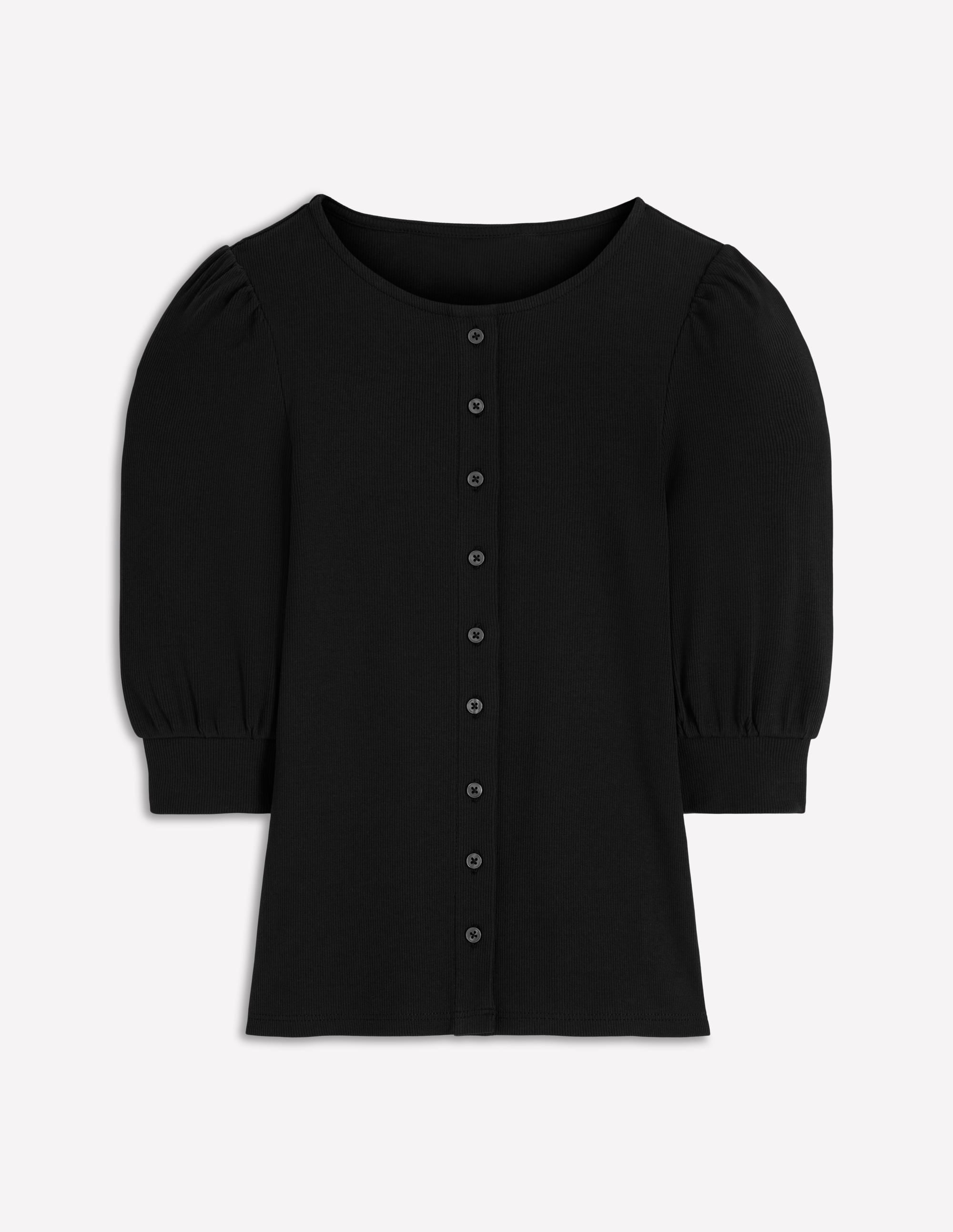 Evie Ribbed Puff Sleeve Top - Black | Boden USA