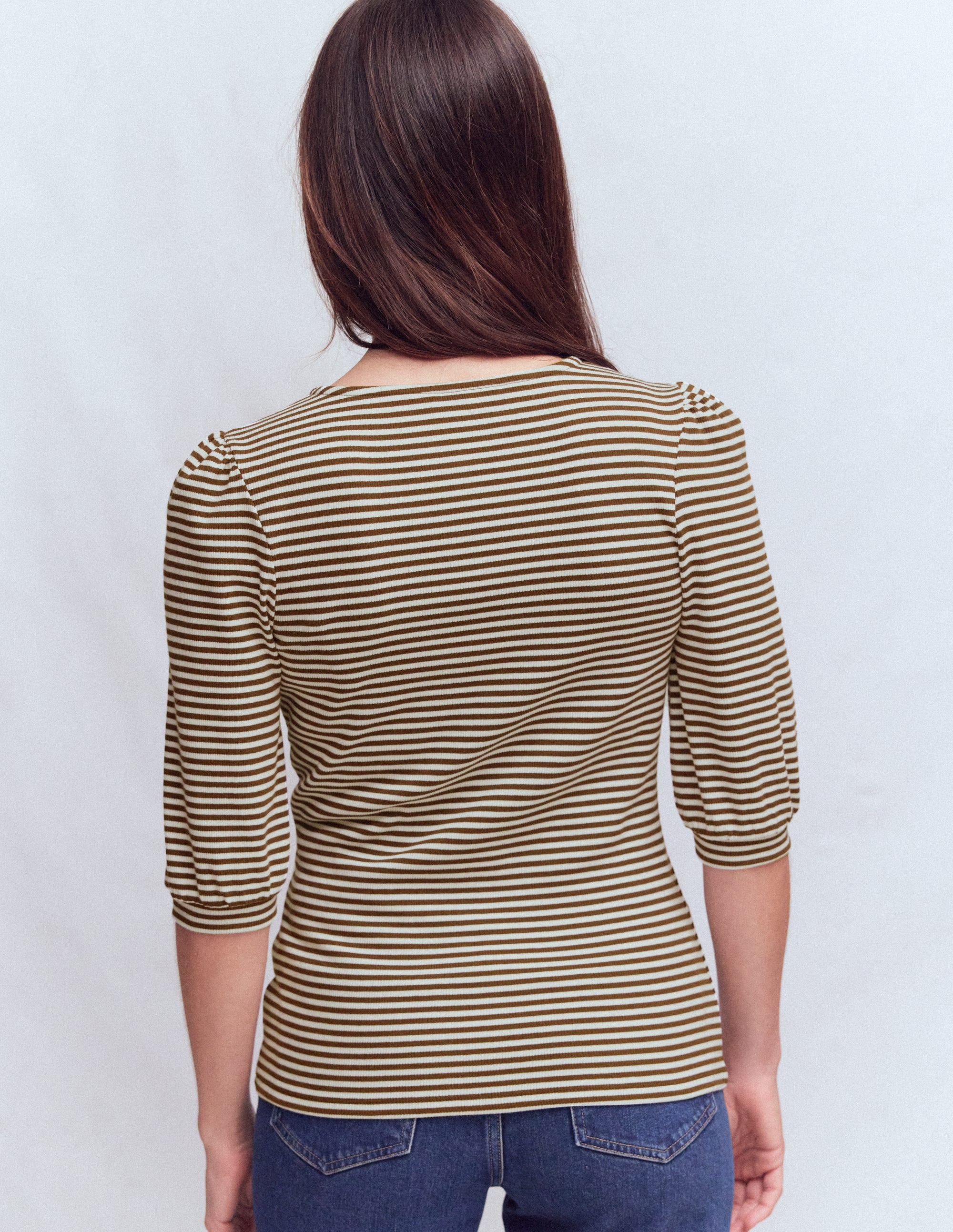 Evie Ribbed Puff Sleeve Top-Potting Soil, Ivory Stripe - Image 3