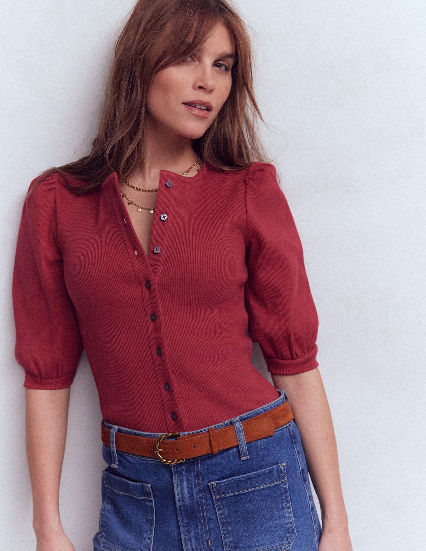 Evie Ribbed Puff Sleeve Top-Earth Red