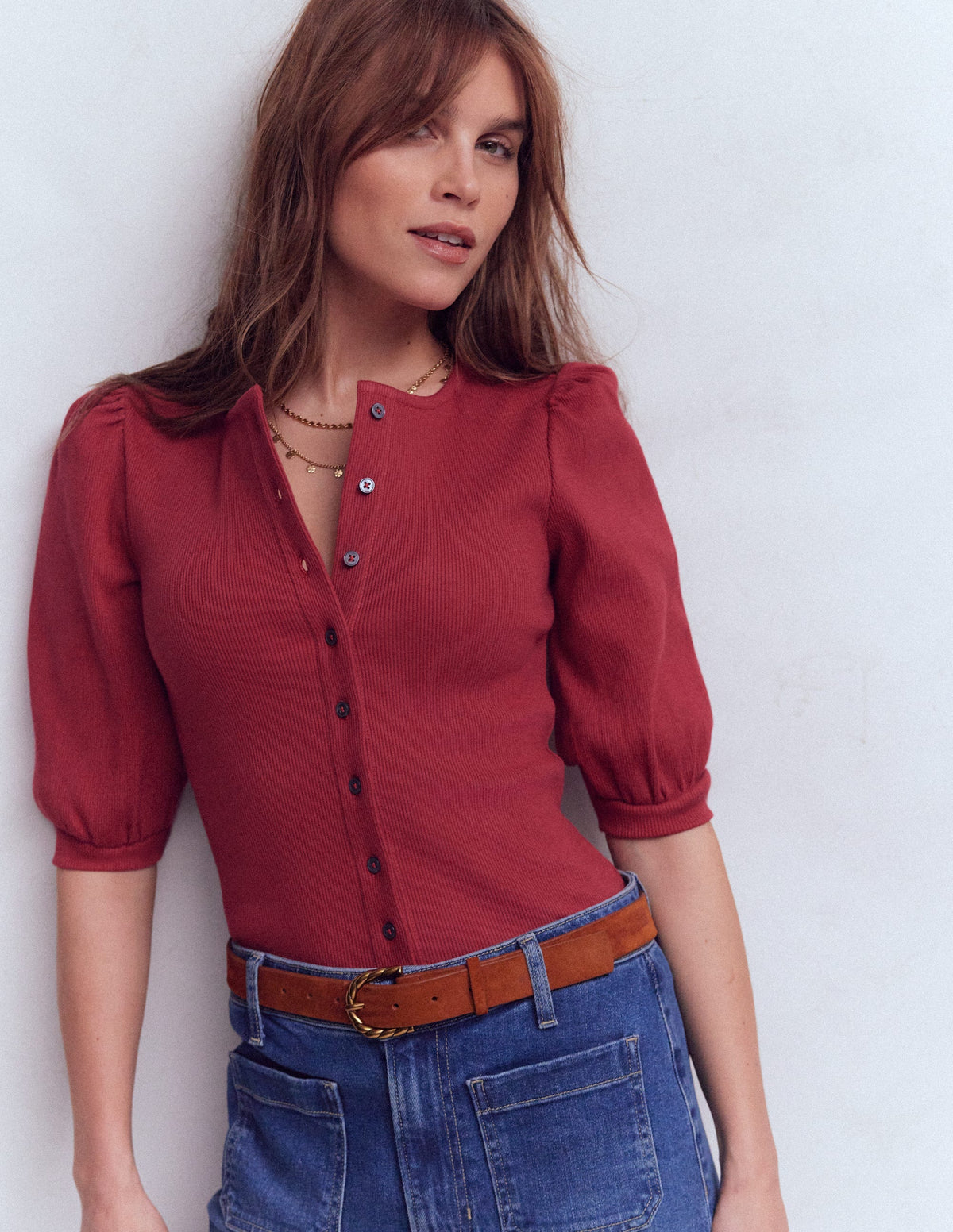 Evie Ribbed Puff Sleeve Top-Terracotta Red - Image 1