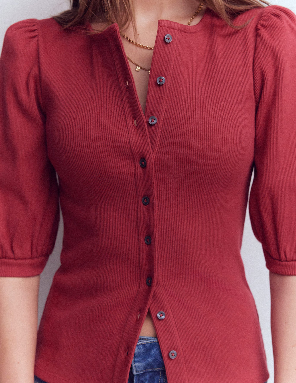 Evie Ribbed Puff Sleeve Top-Terracotta Red - Image 2