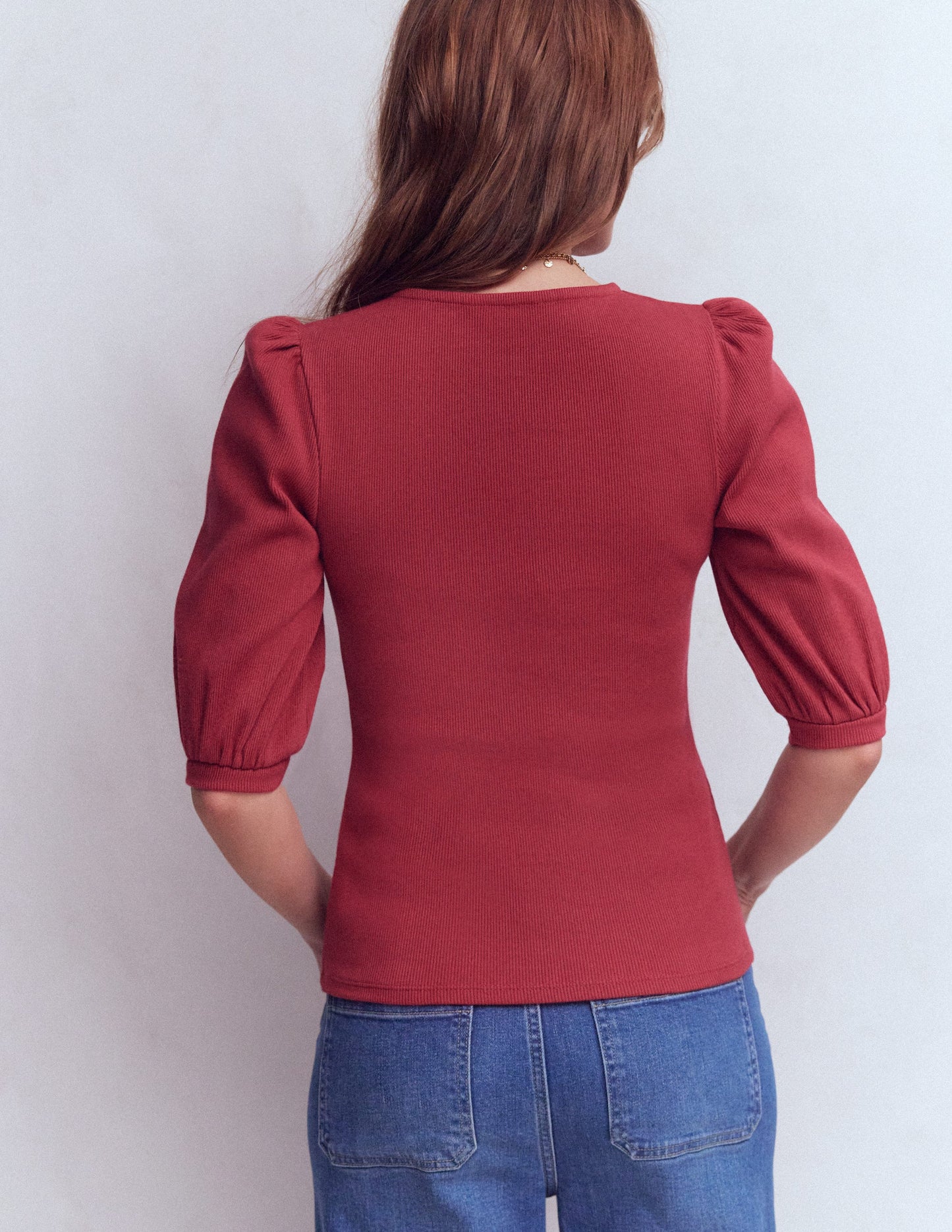 Evie Ribbed Puff Sleeve Top-Earth Red