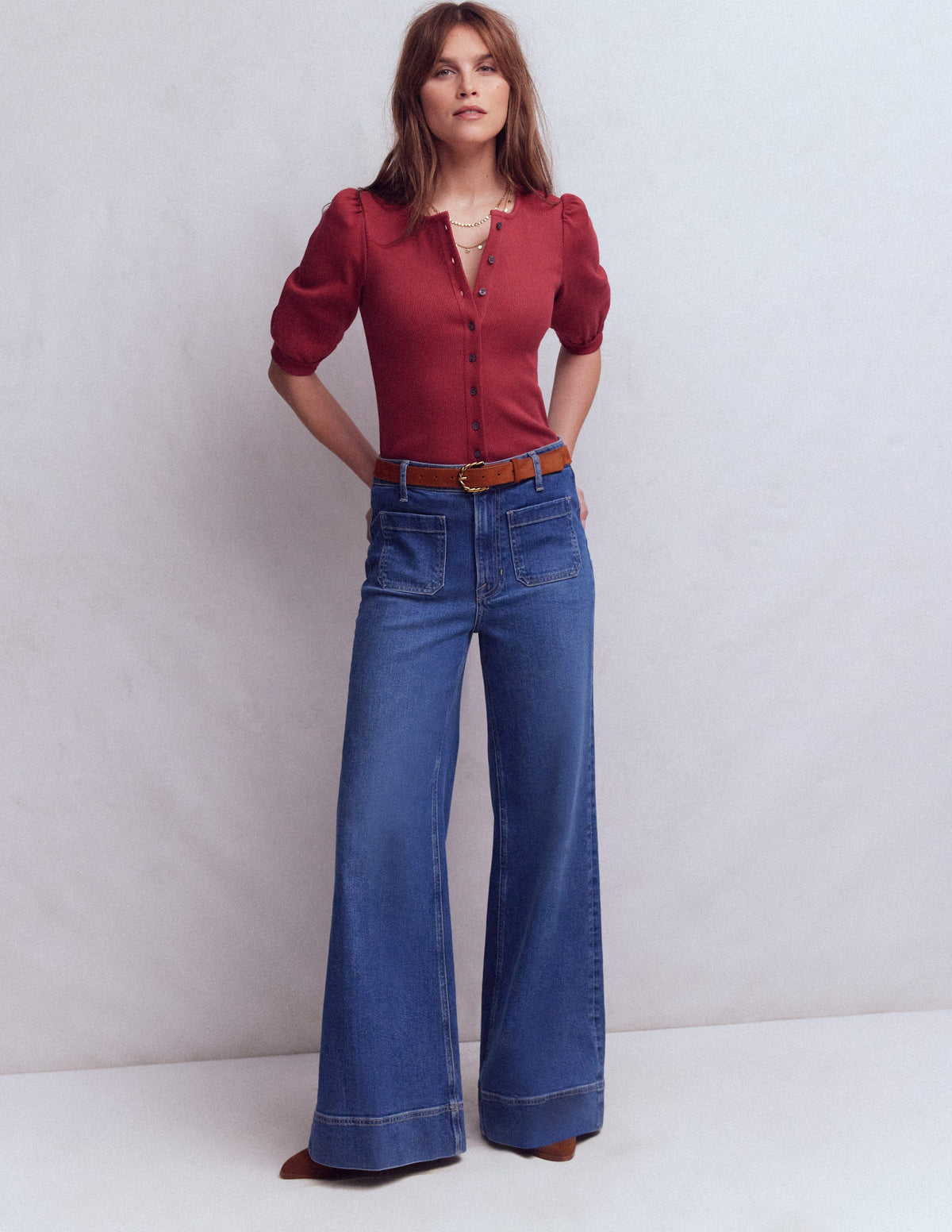 Evie Ribbed Puff Sleeve Top-Terracotta Red - Image 4