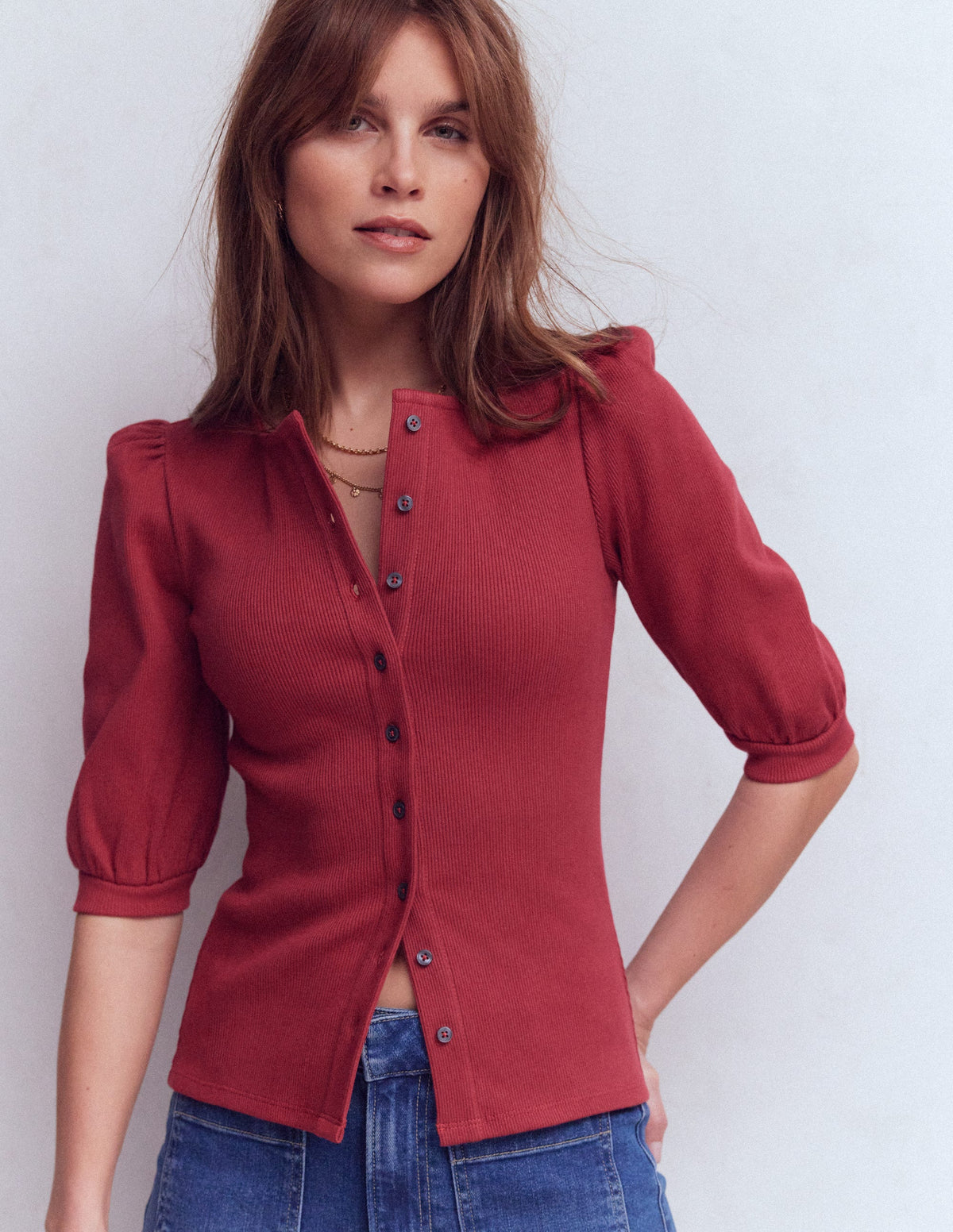 Evie Ribbed Puff Sleeve Top-Terracotta Red - Image 5