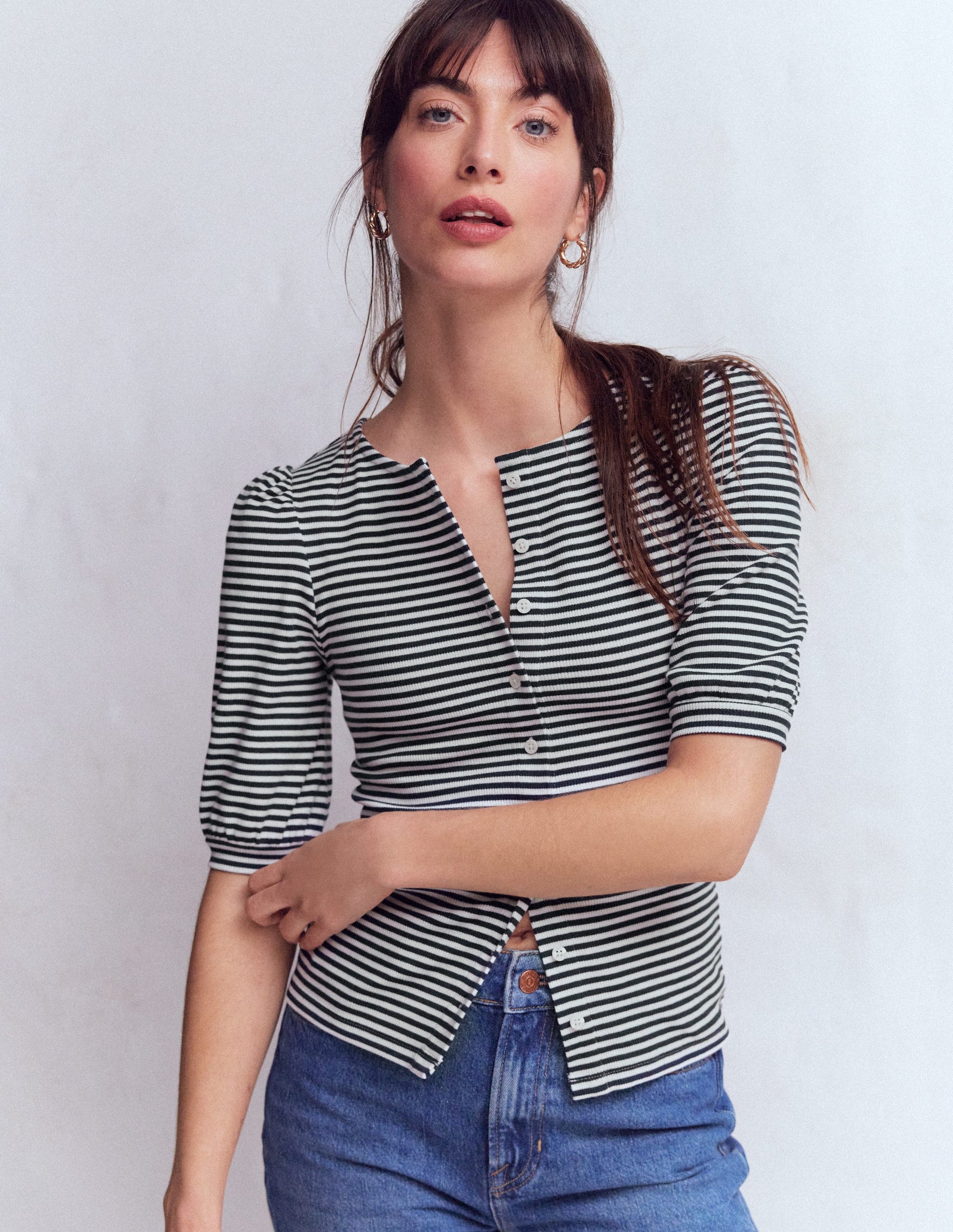 Evie Ribbed Puff Sleeve Top-Ivory, Navy Stripe-1