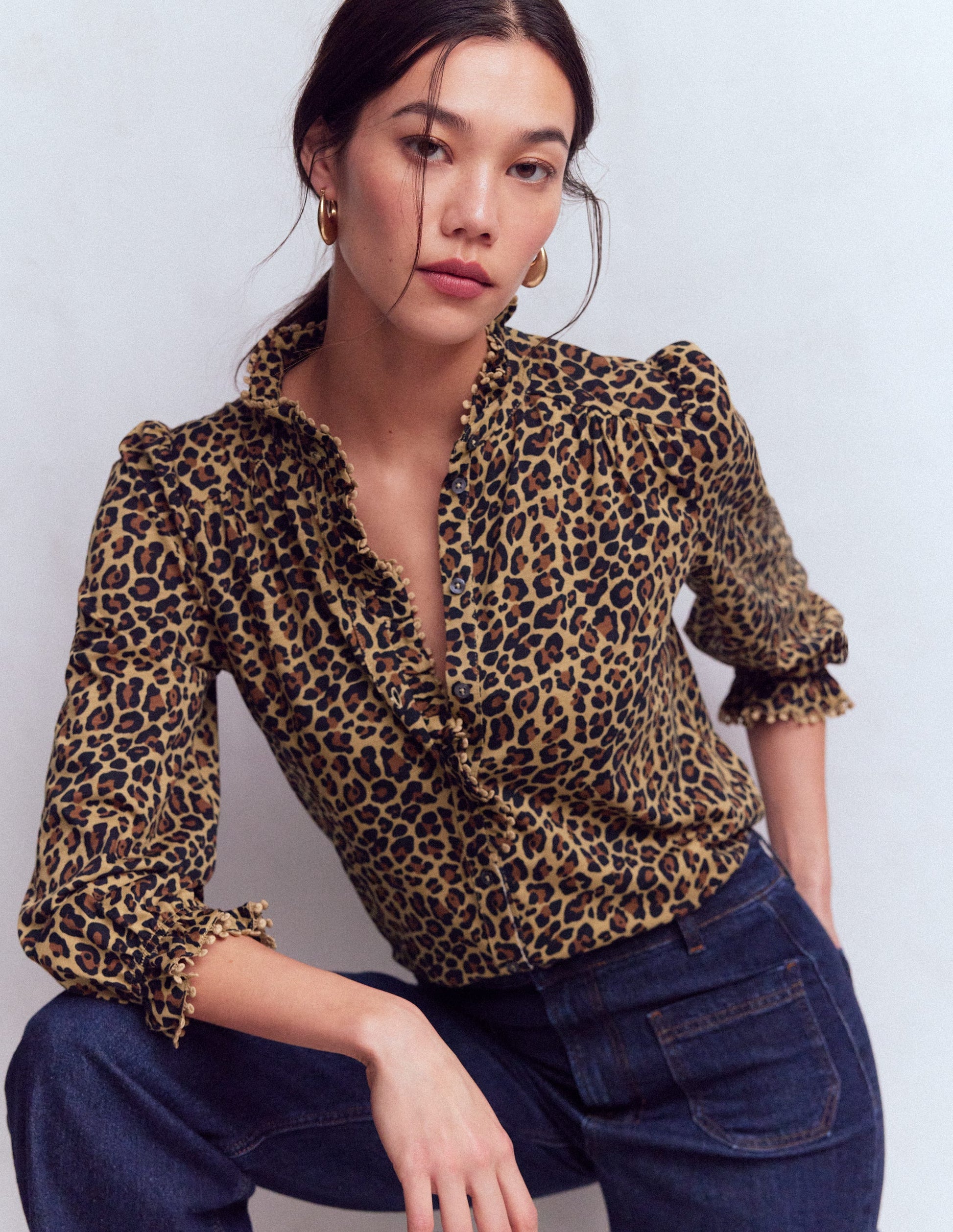 Emily Pom Detail Ruffle Shirt-Camel, Cheetah Pop-1