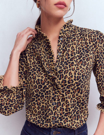 Emily Pom Detail Ruffle Shirt-Camel, Cheetah Pop-2