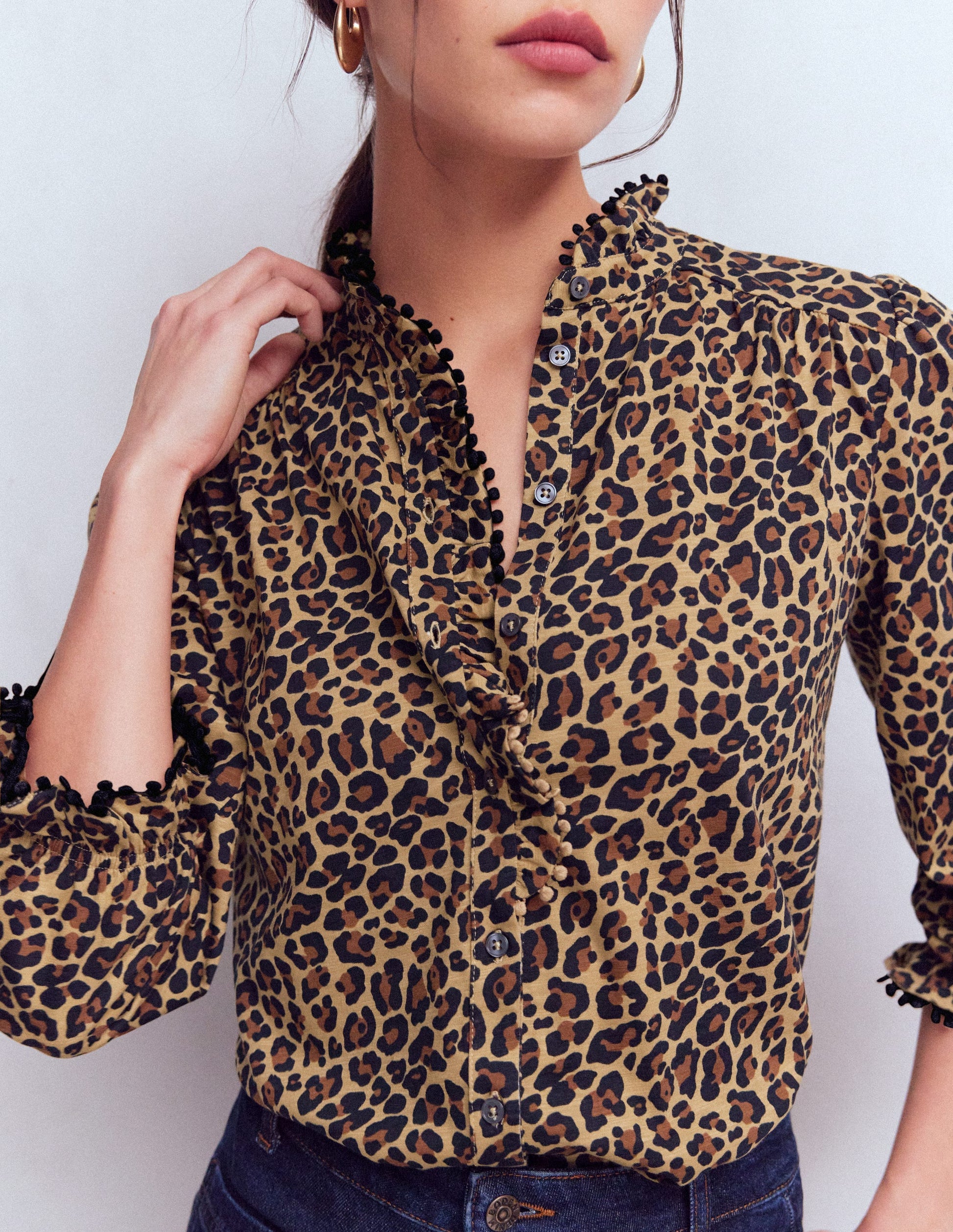 Emily Pom Trim Ruffle Shirt-Cheetah Spot-2