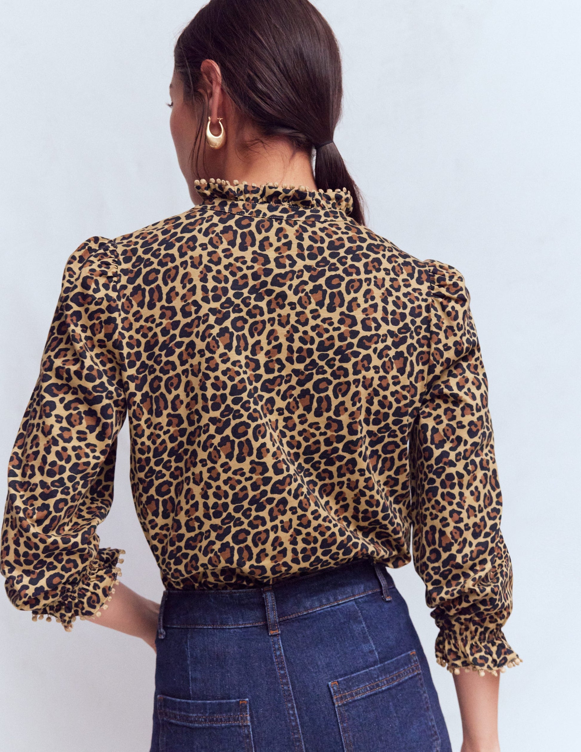 Emily Pom Detail Ruffle Shirt-Camel, Cheetah Pop-3