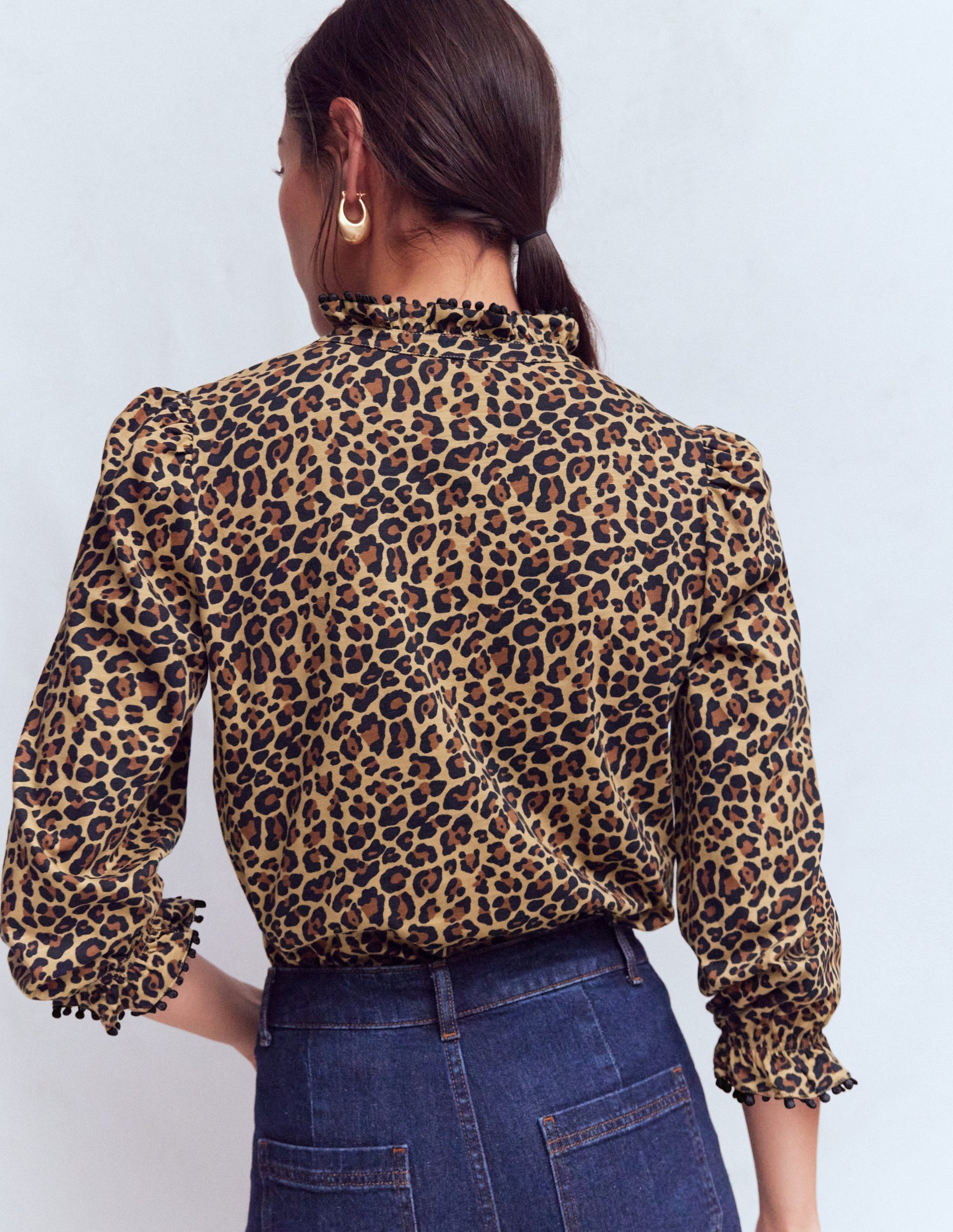 Emily Pom Trim Ruffle Shirt-Cheetah Spot-3