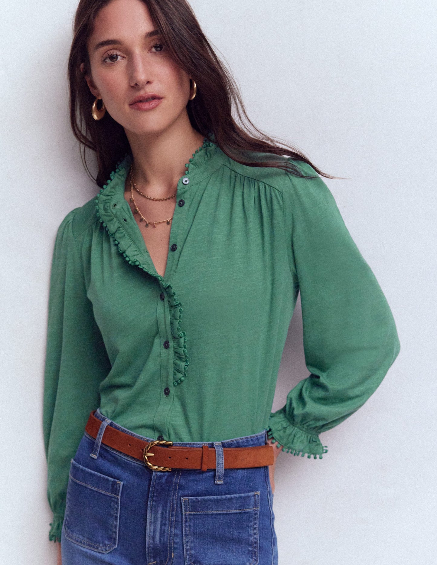 Emily Pom Detail Ruffle Shirt-Deep Jungle