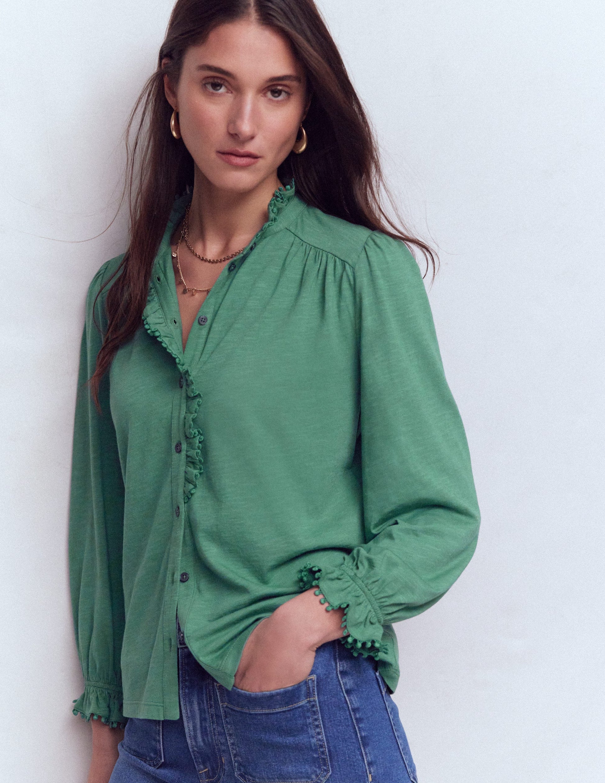 Emily Pom Detail Ruffle Shirt-Deep Jungle-2