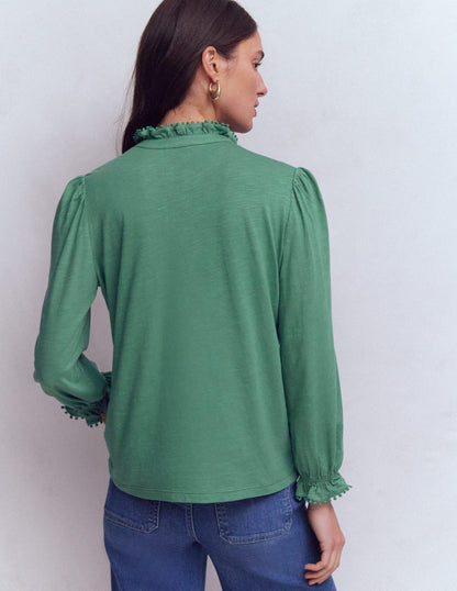 Emily Pom Detail Ruffle Shirt-Deep Jungle-3