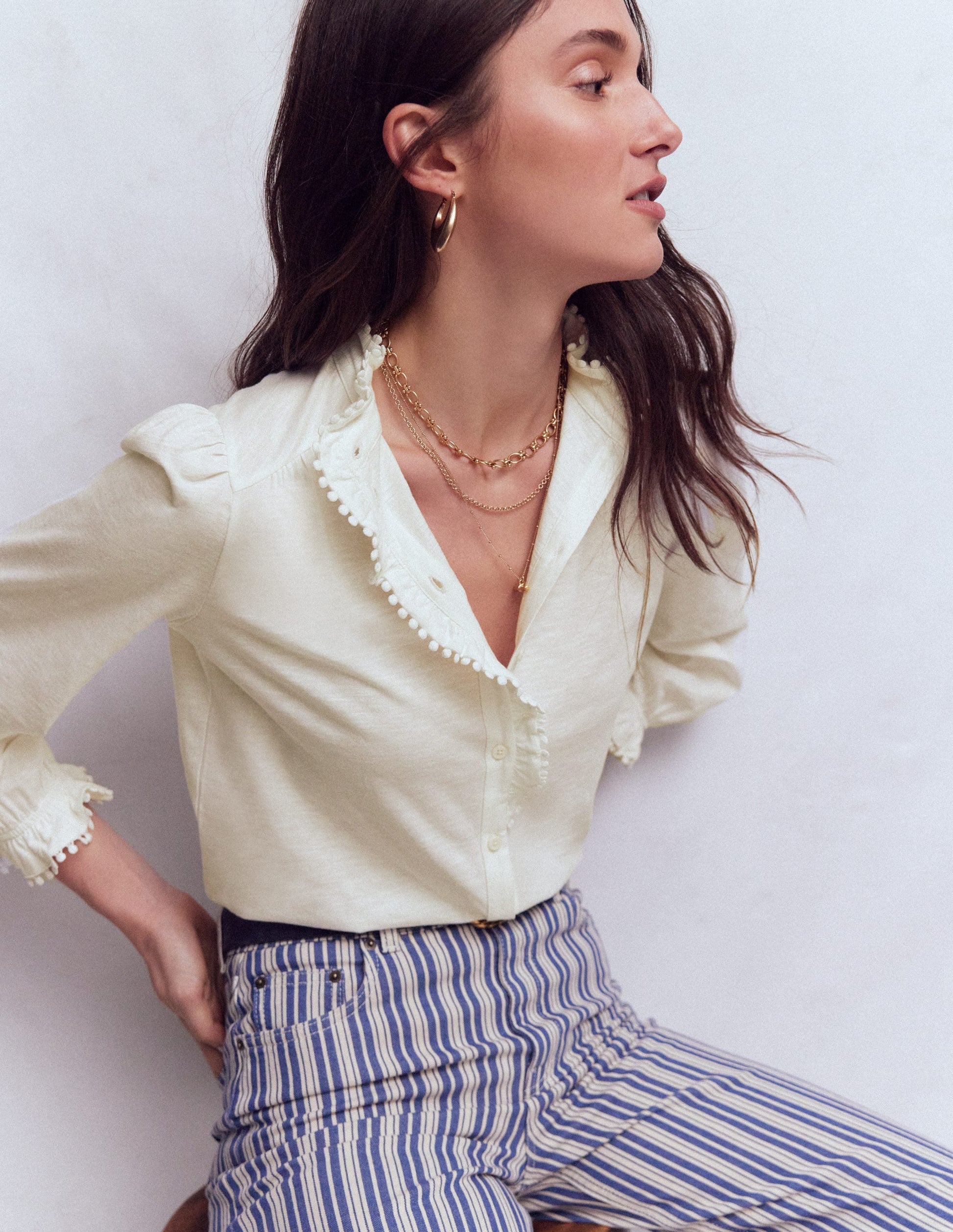 Emily Pom Detail Ruffle Shirt-Ivory-1