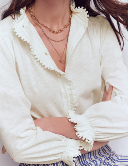 Emily Pom Detail Ruffle Shirt-Ivory-2