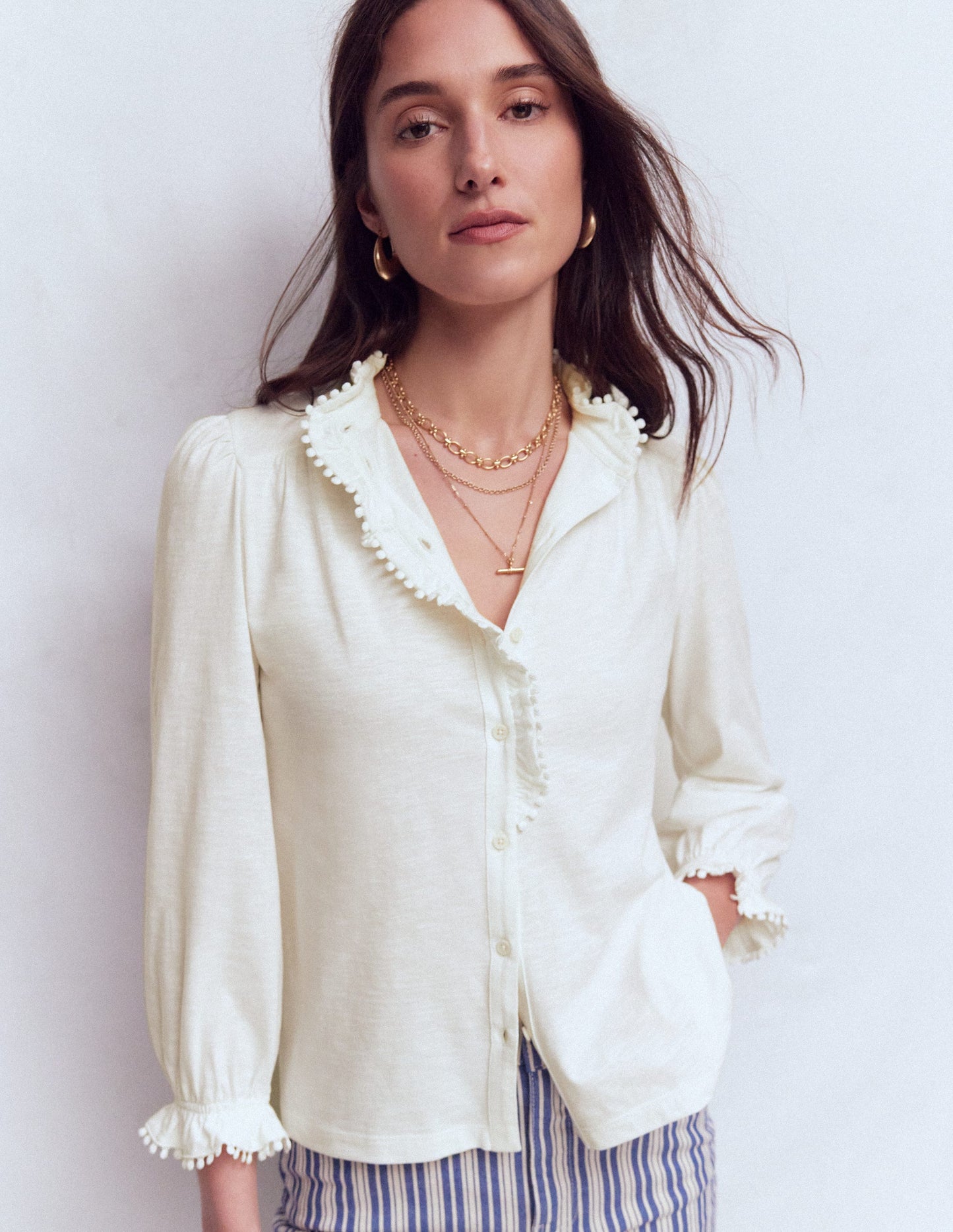 Emily Pom Detail Ruffle Shirt-Ivory