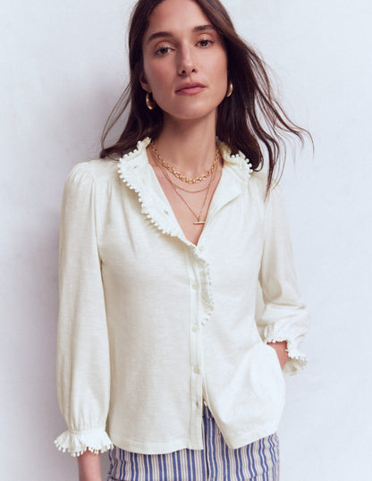 Emily Pom Detail Ruffle Shirt-Ivory-4