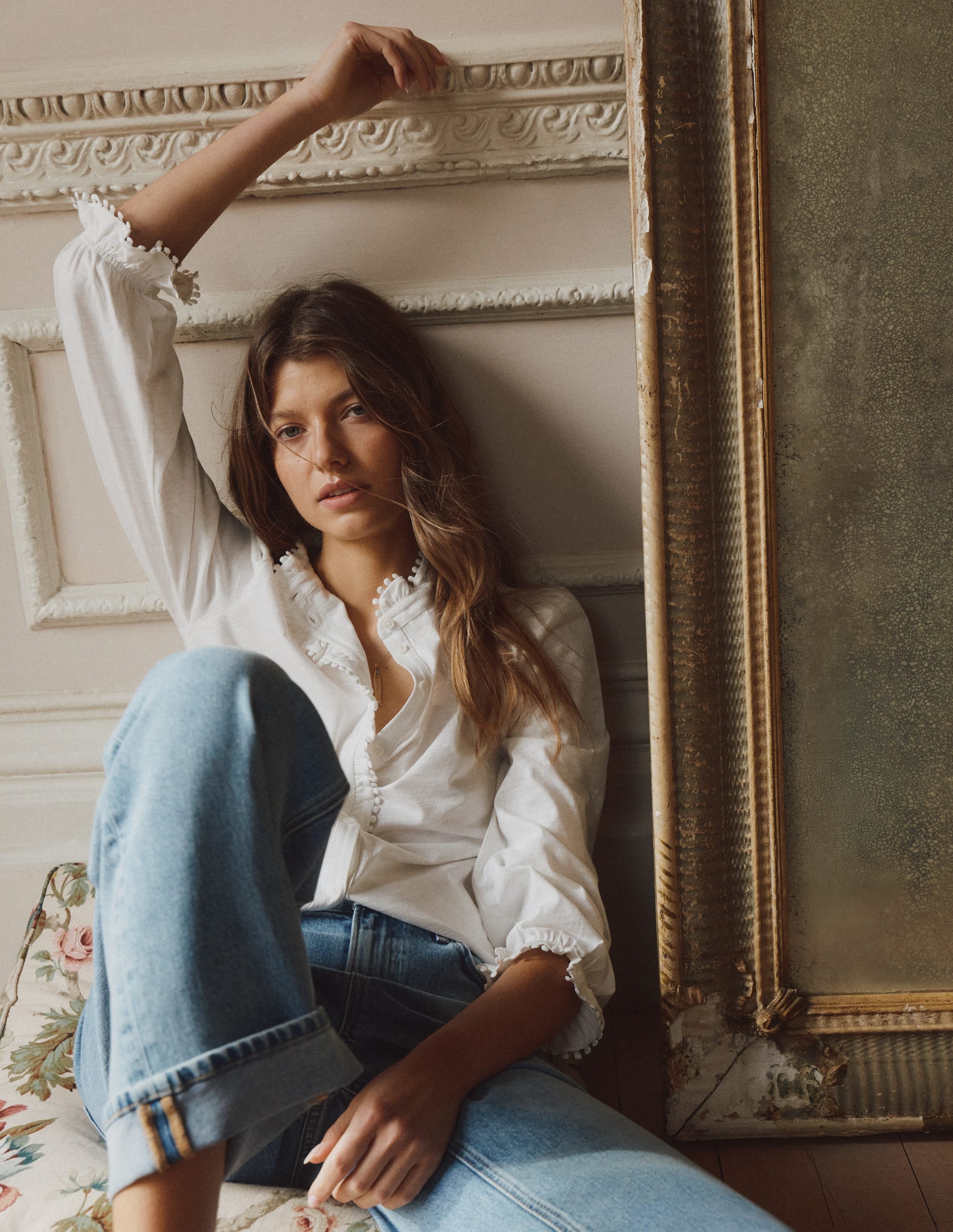 Emily Pom Trim Ruffle Shirt-Ivory - Image 5