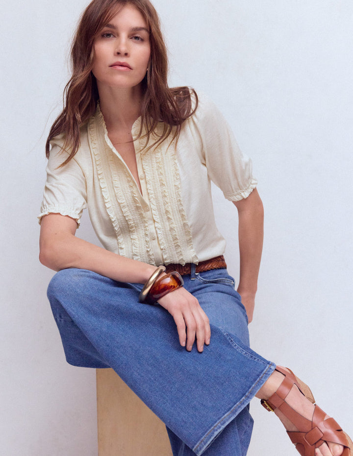 Eda Ruffle Front Shirt-Ivory