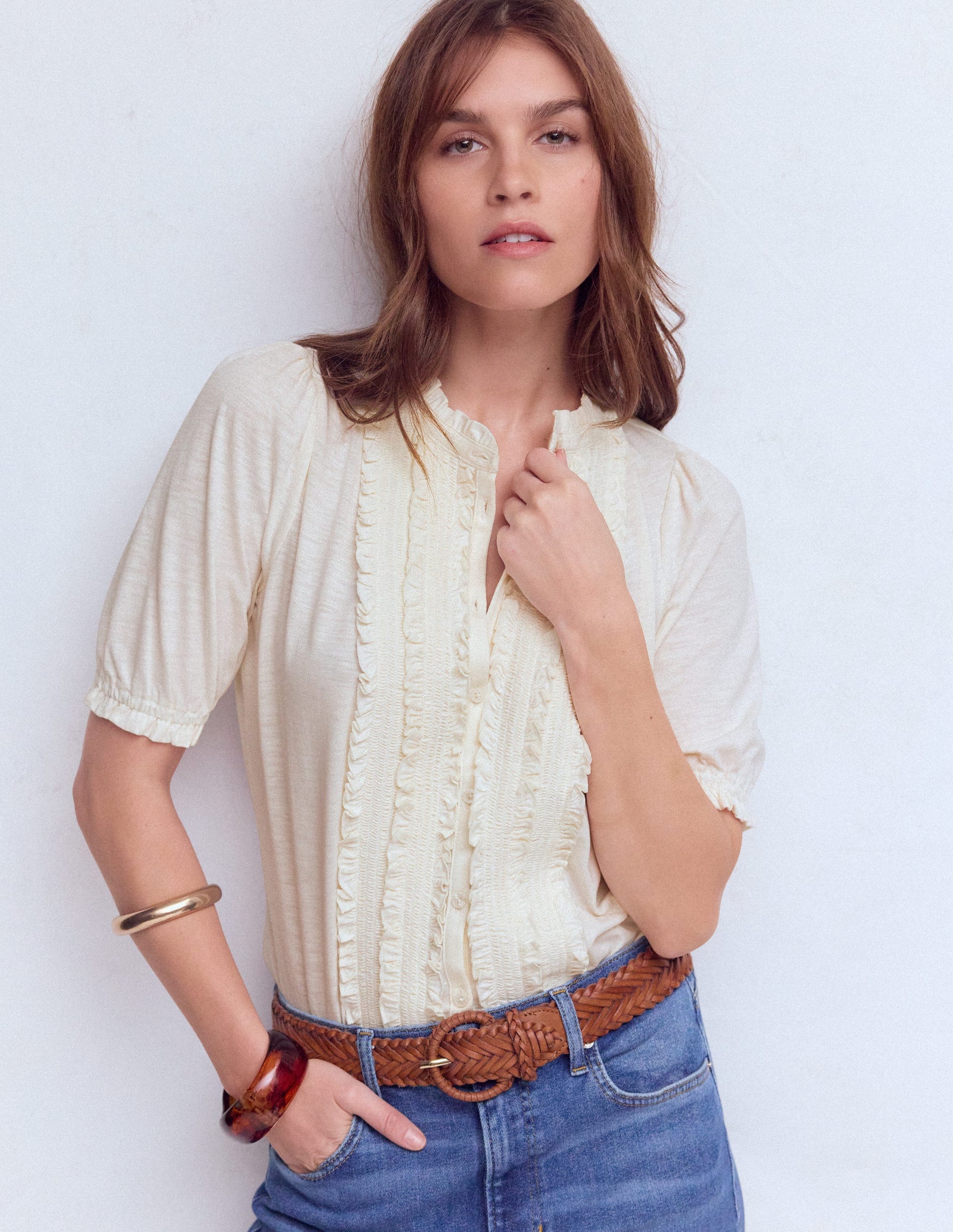 Eda Ruffle Front Shirt-Ivory-4