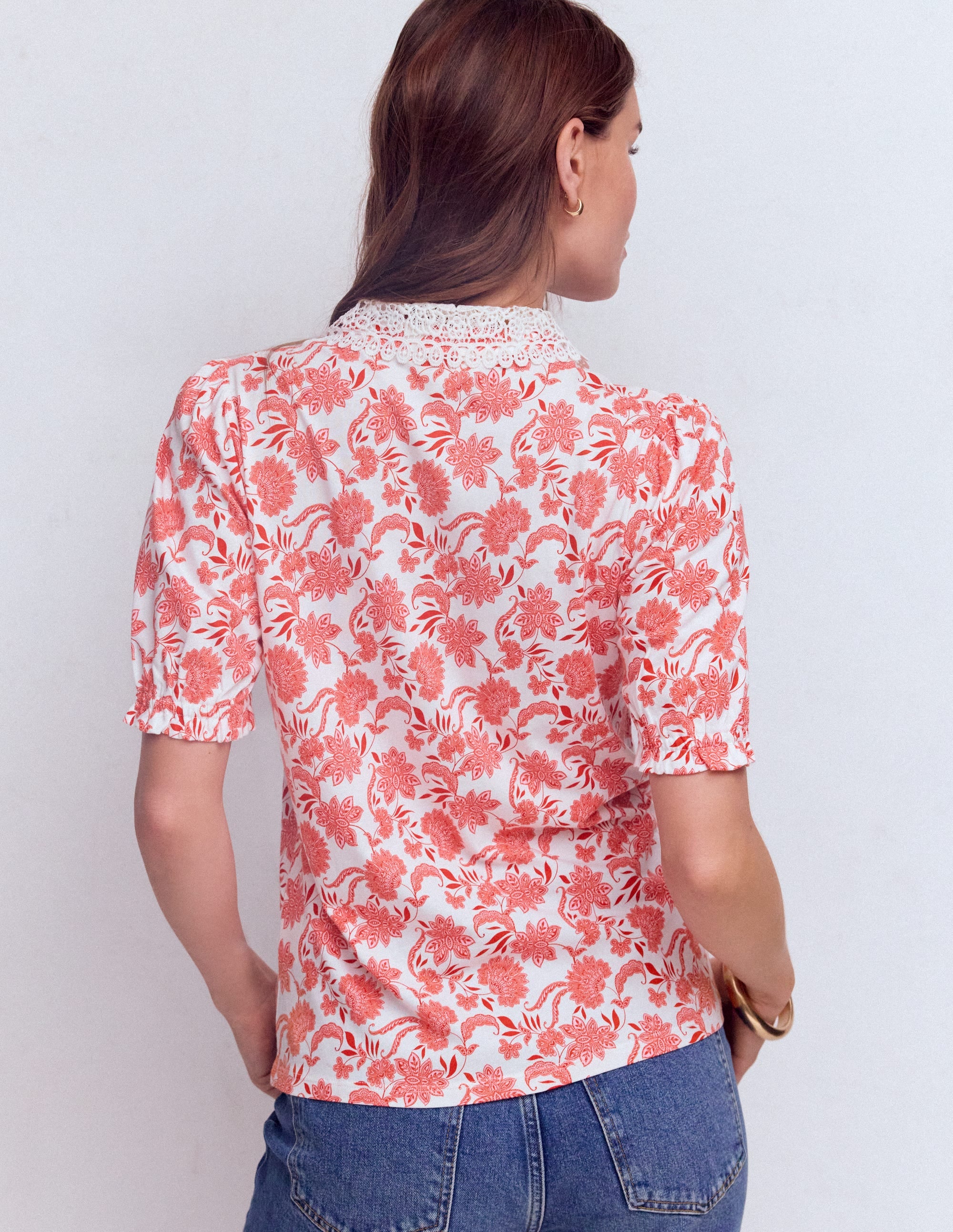 Nessa Broderie Collar Blouse - Pink Floral | Boden USA