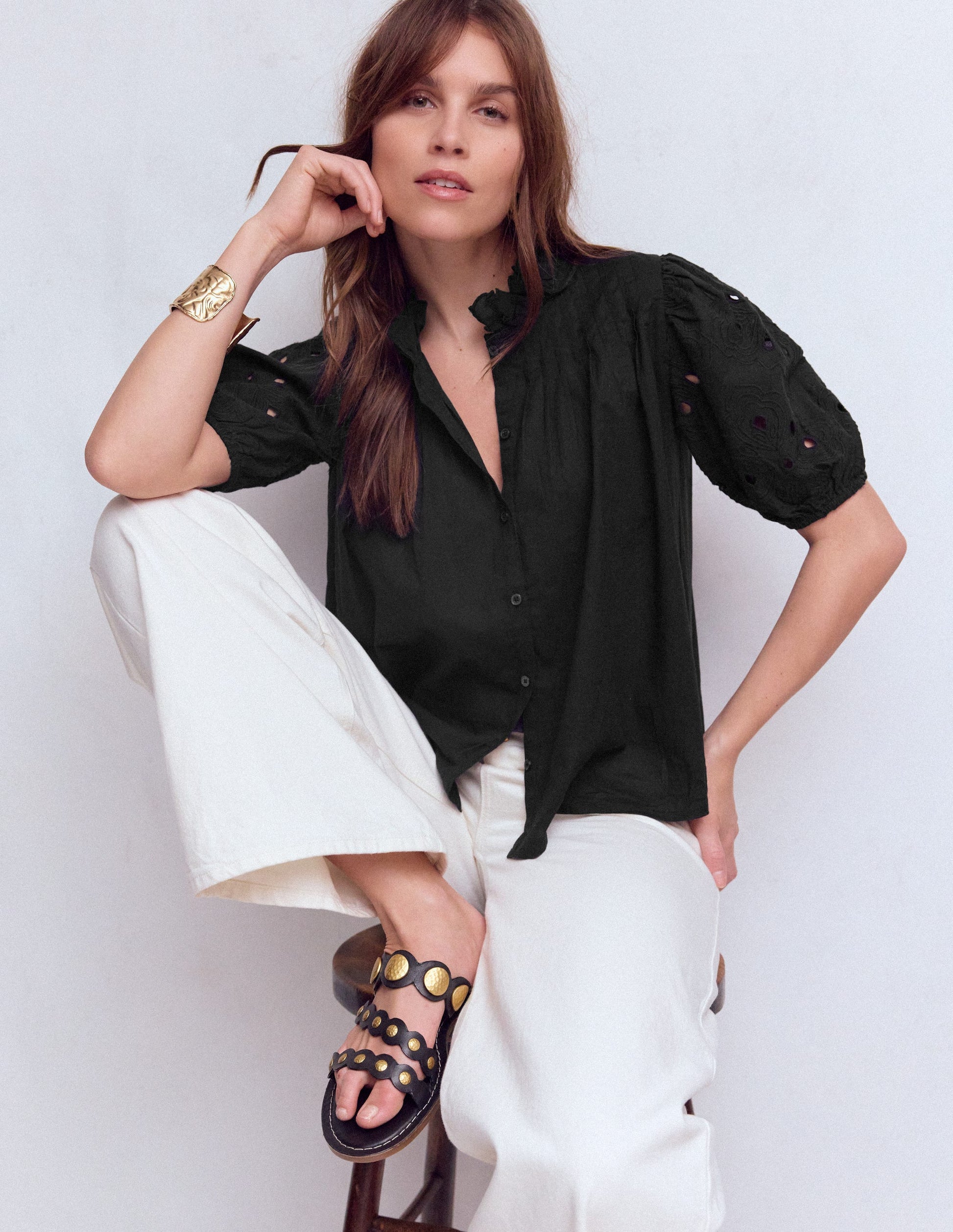 Cutwork Puff Sleeve Top-Black-1