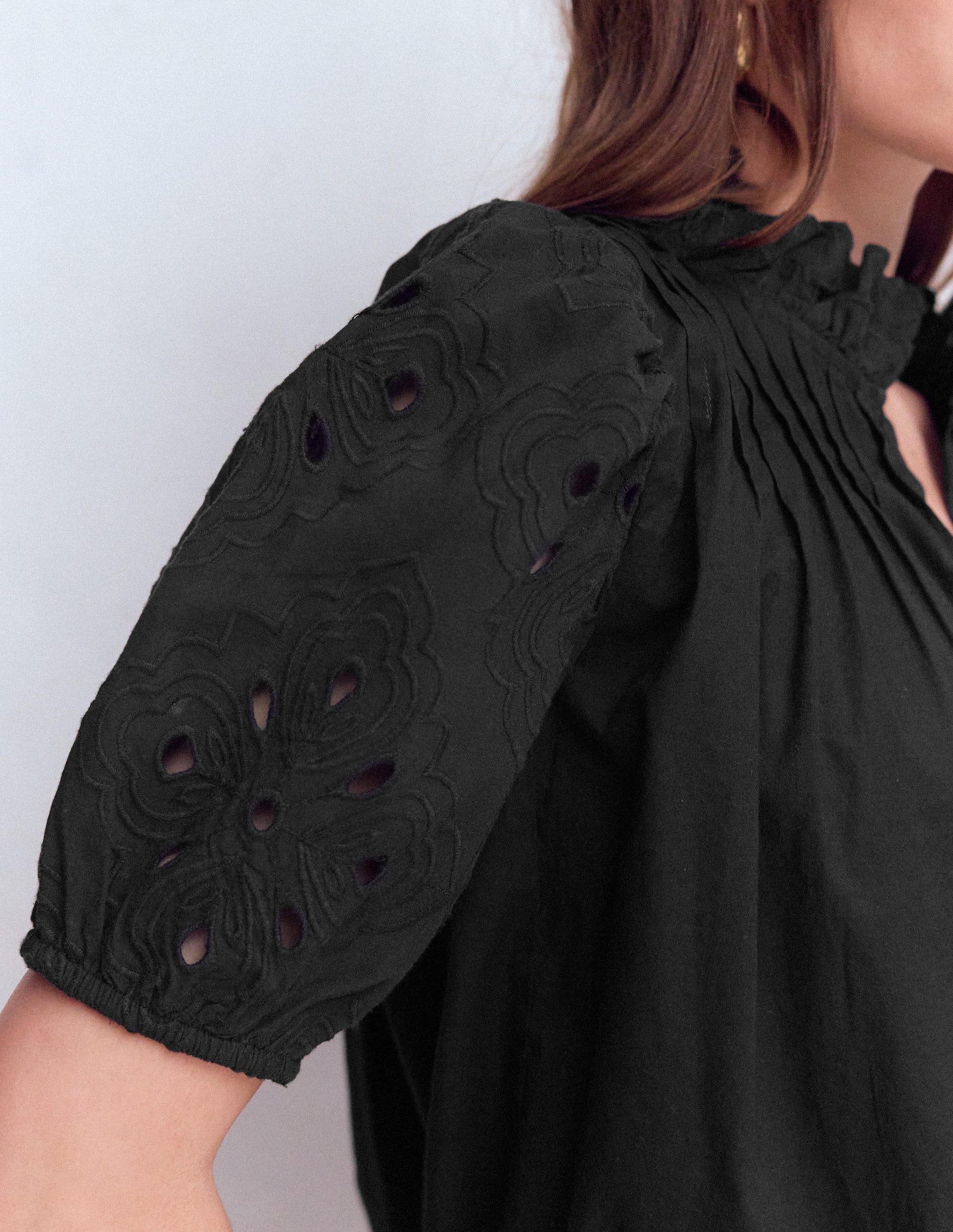 Cutwork Puff Sleeve Top-Black-2