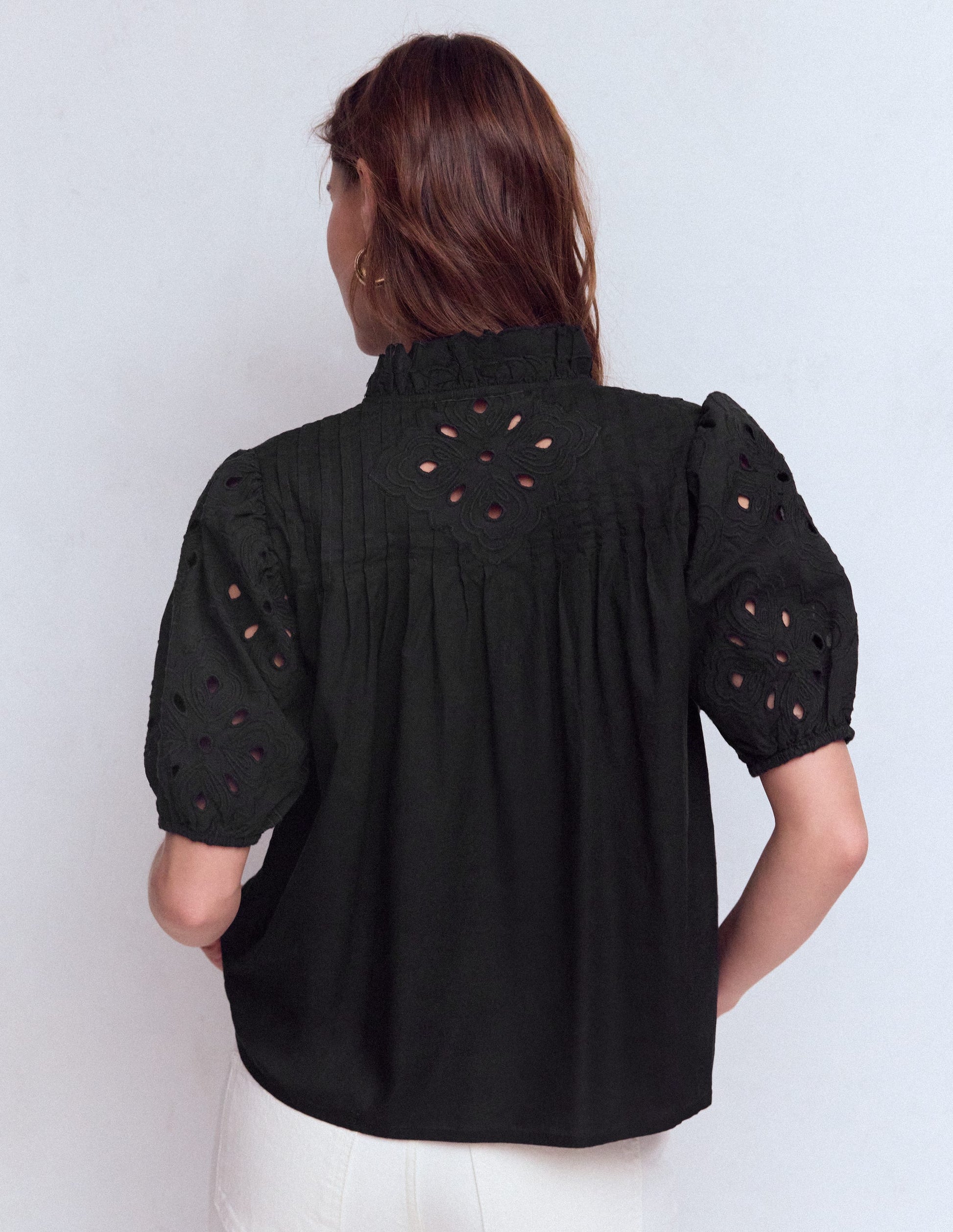 Cutwork Puff Sleeve Top-Black-3