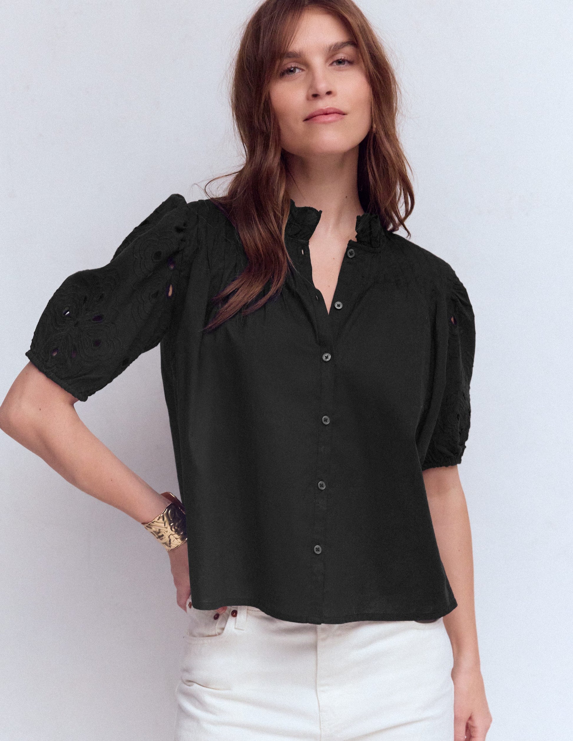 Cutwork Puff Sleeve Top-Black-4
