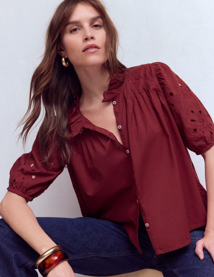 Cutwork Puff Sleeve Top-Russet