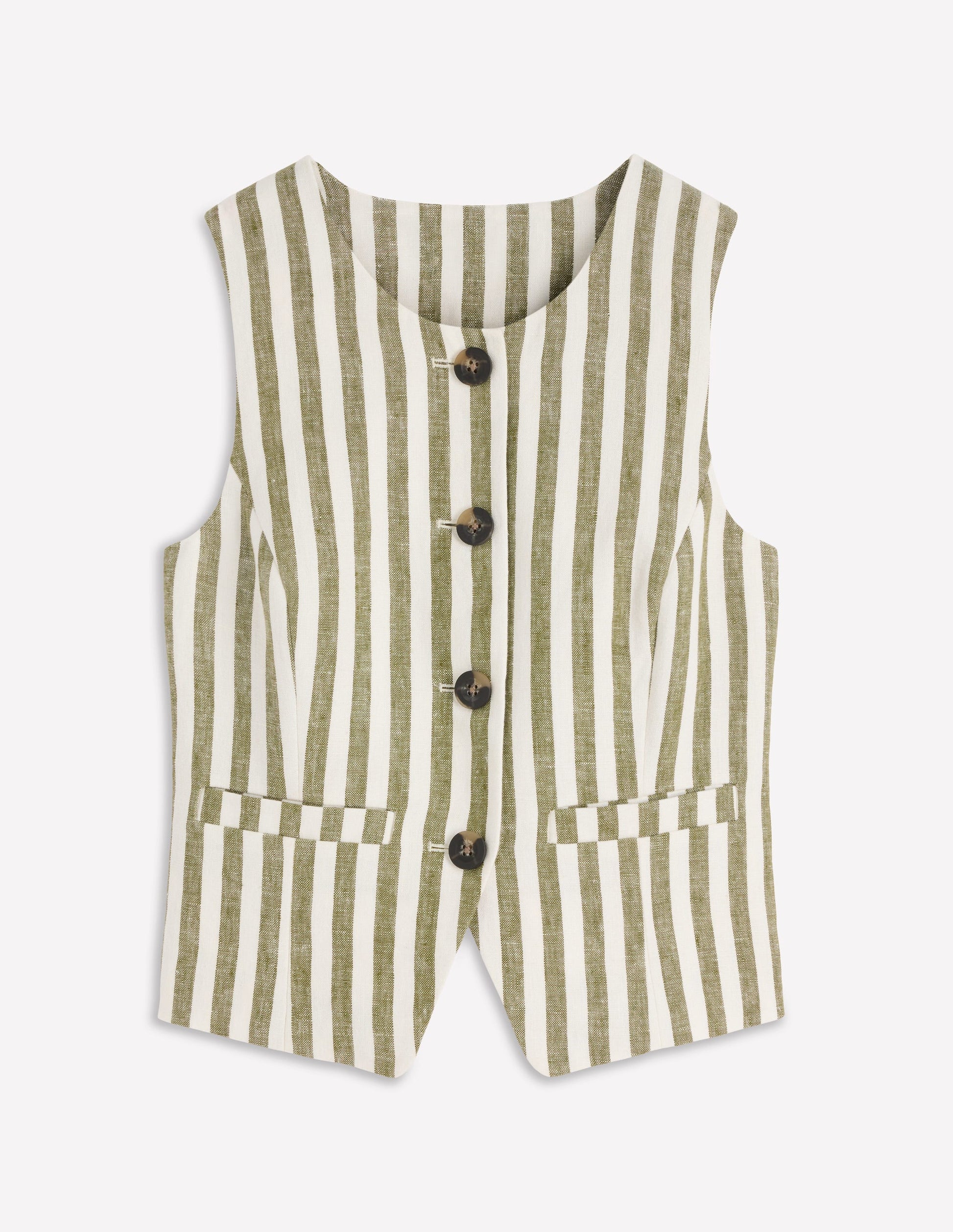 Linen Scoop Neck Waistcoat-Olive, Ivory Stripe-7