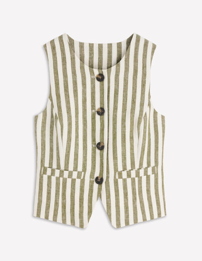 Linen Scoop Neck Waistcoat-Olive, Ivory Stripe-7