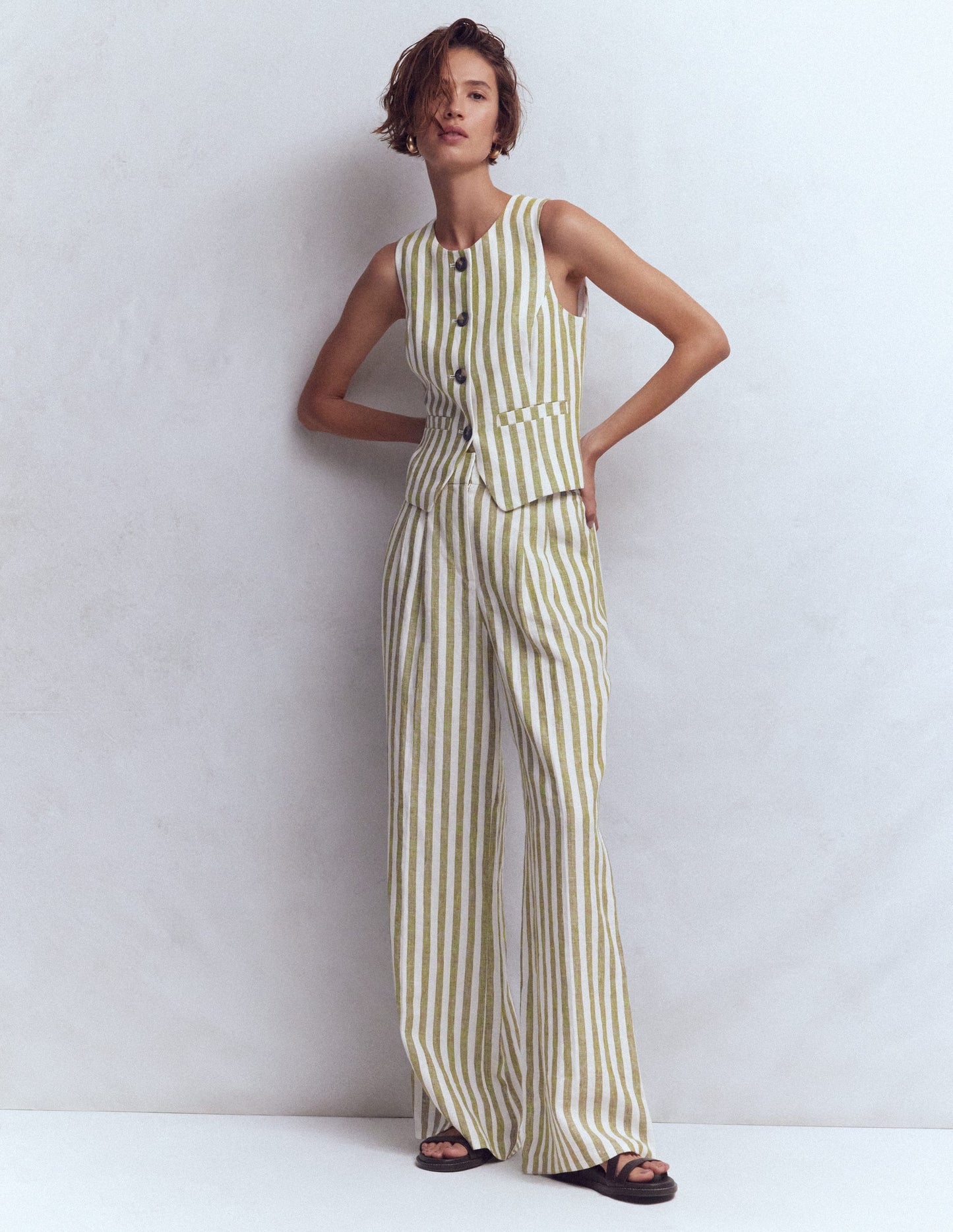 Linen Scoop Neck Waistcoat-Olive, Ivory Stripe