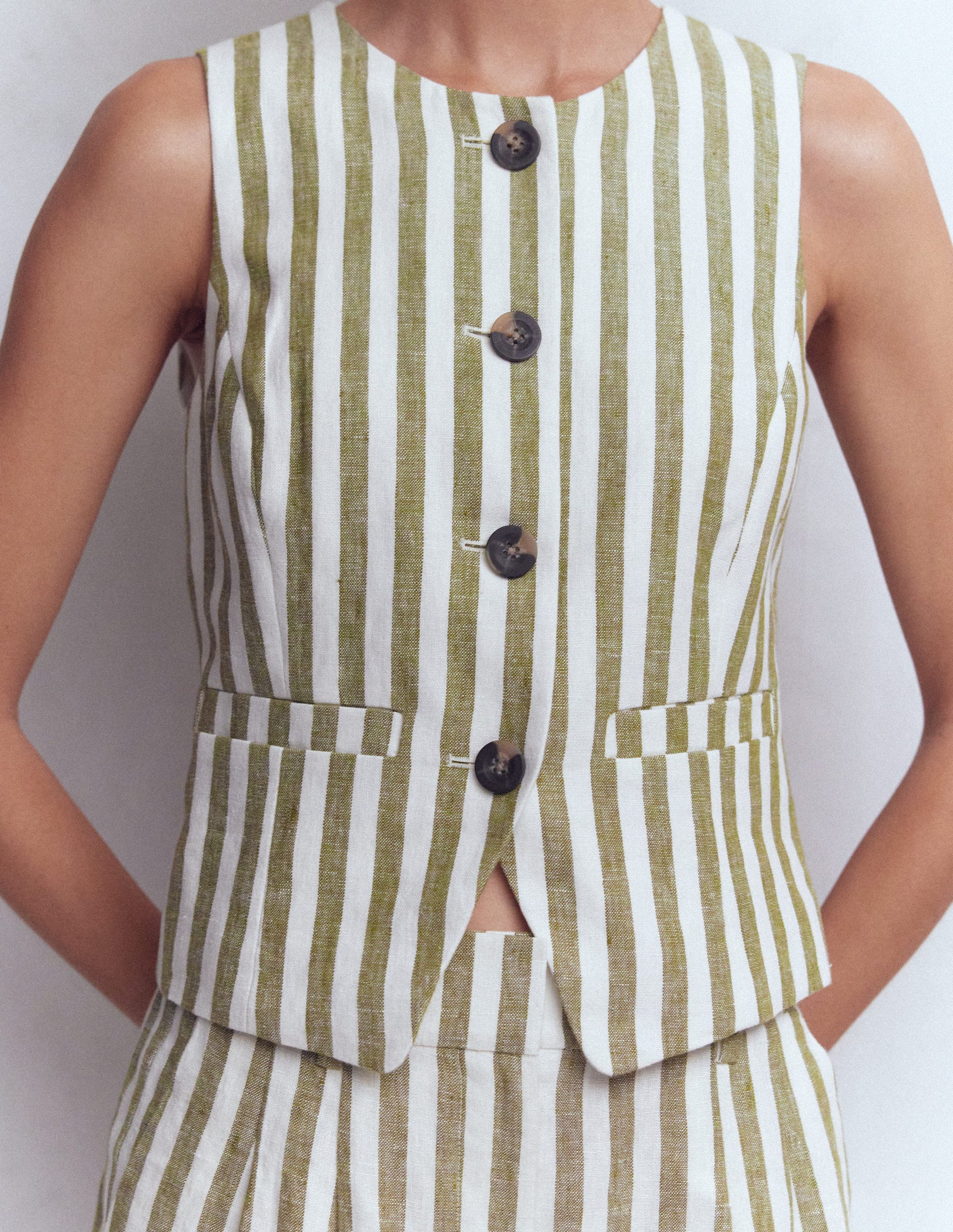 Linen Scoop Neck Waistcoat-Olive, Ivory Stripe-4