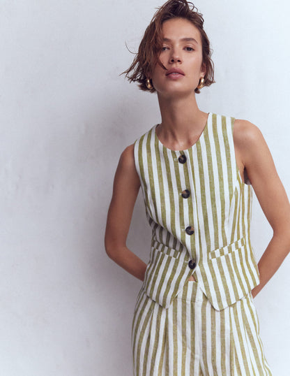 Linen Scoop Neck Waistcoat-Olive, Ivory Stripe-6