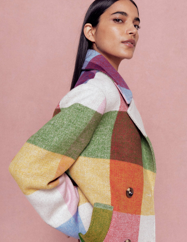 Revere Collar Wool Coat-Giant Multigingham